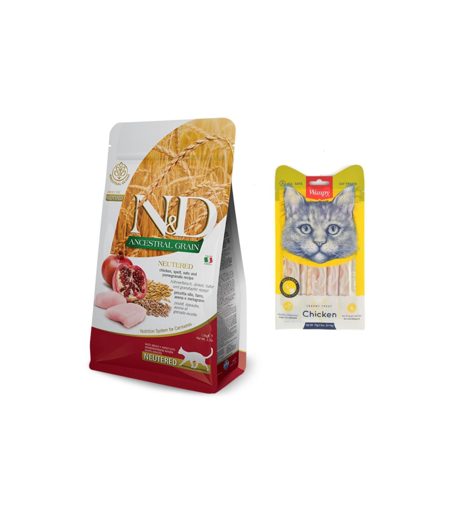 & D Low Grain Chicken and Pomegranate Sterilized Cat Food 5 Kg + Wanpy Chicken Liquid Cat Reward 5x14 Gr.