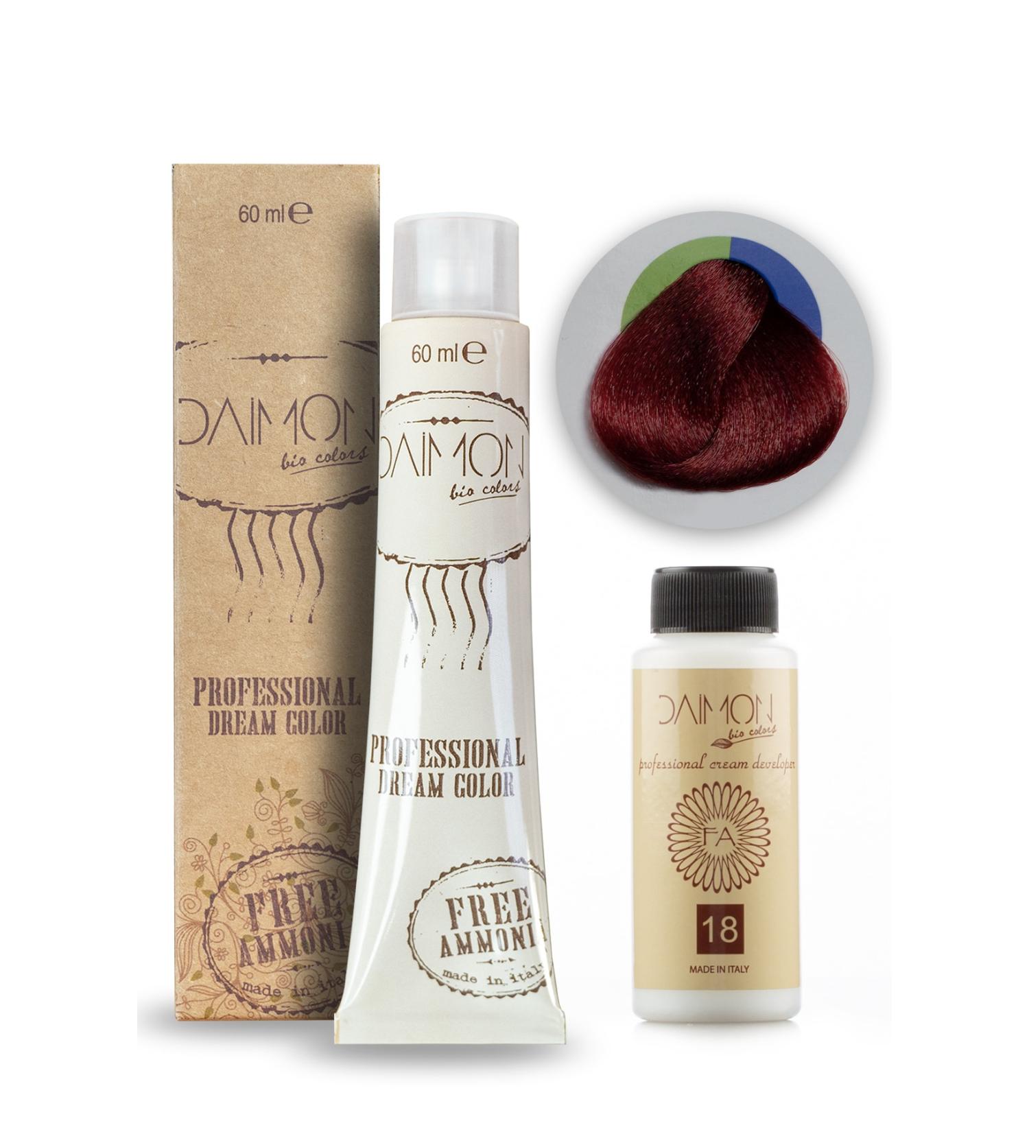 DAIMON Ammonia Free (Fa) 7.66 Brunette Extra Intense Red Hair Dye + 60 ml Ammonia Free Oxidant 18 Vol.
