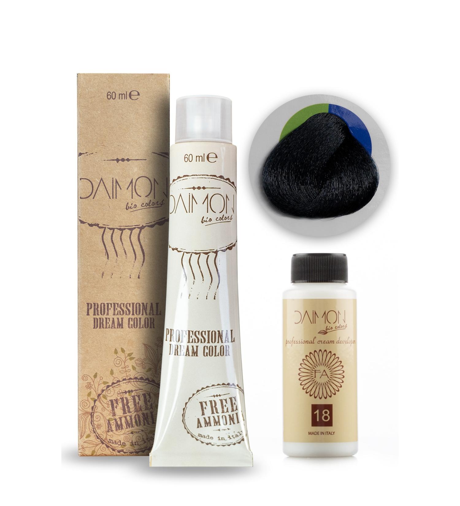 DAIMON Ammonia Free (Fa) 1/10 Blue Black Hair Dye + 60 Ml Ammonia Free Oxidant