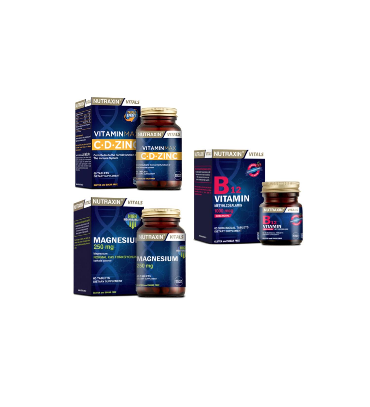 Nutraxin Vitamin Max (C d Zinc) 60 Tablets + Vitamin B12 60 Sublingual Tablets + Magnesium 250mg 60 Tablets
