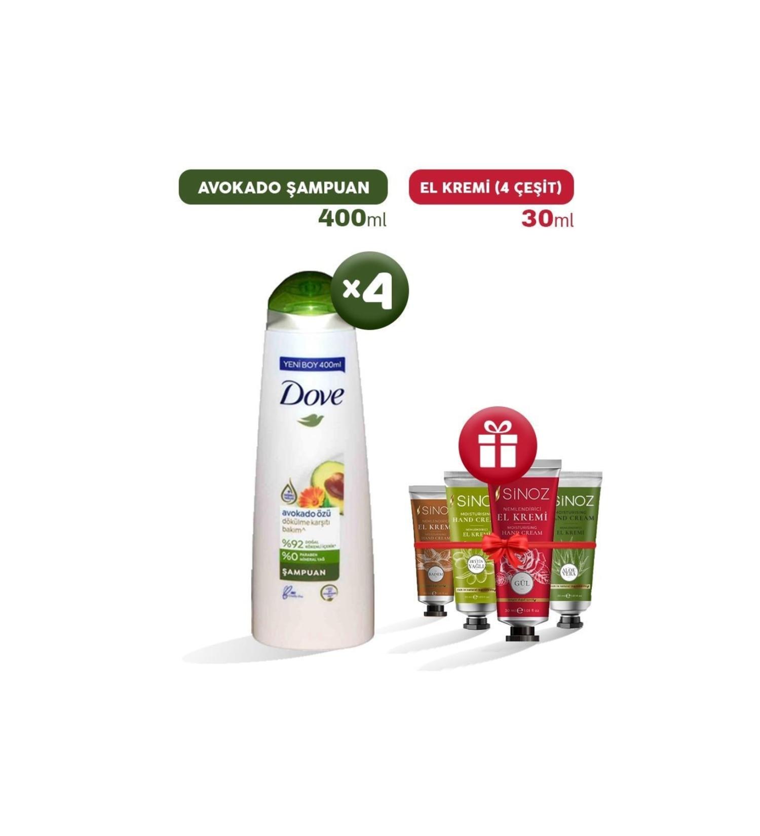Dove Shampoo Avocado Extract 400 Ml X 4 And 4 Types of Hand Cream As Gift