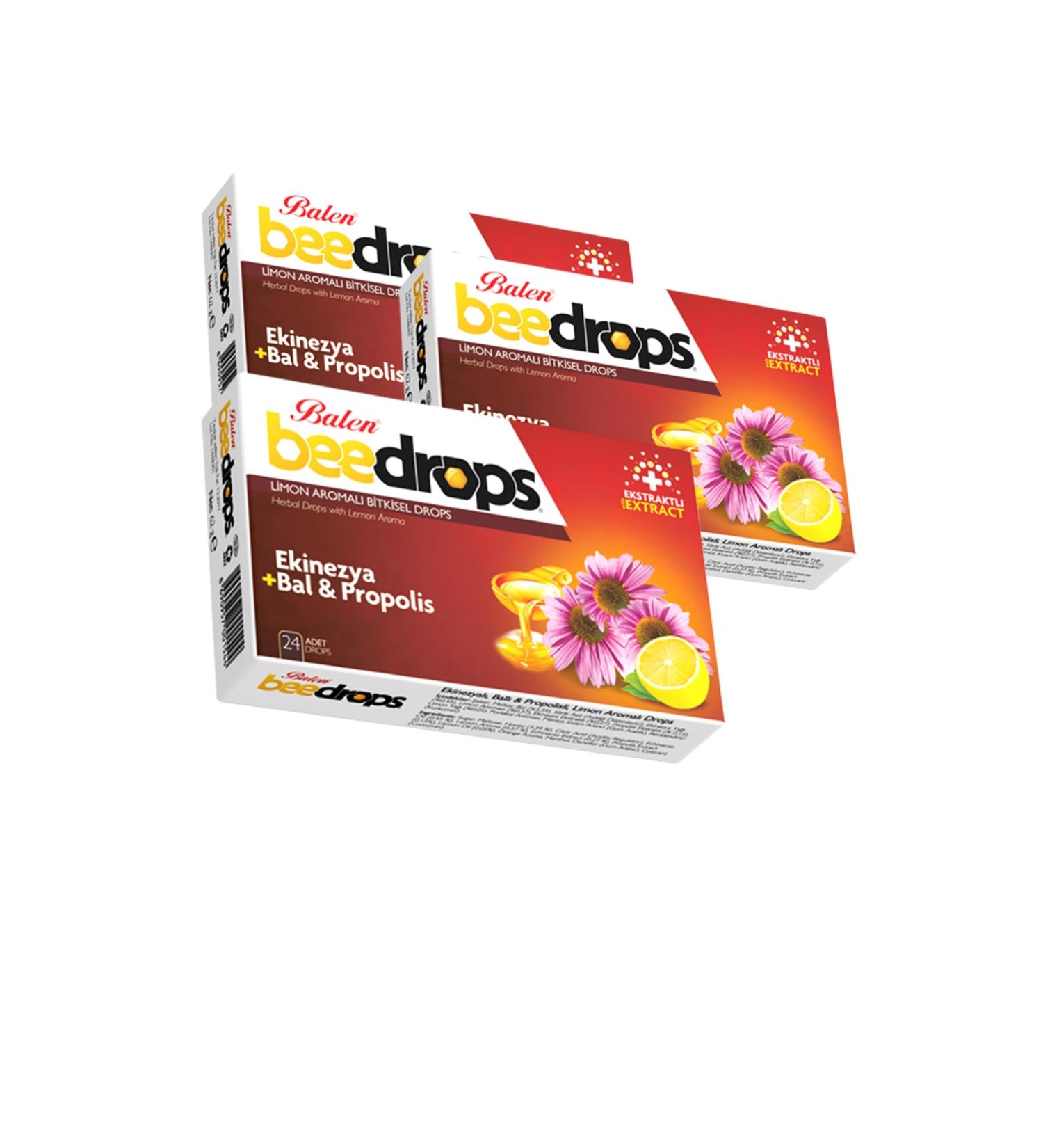 Balen 3 Boxes Echinacea Honey and Propolis Lemon Flavored Herbal Beedrops 24 Pieces X 3 Pastilles Bee Drops