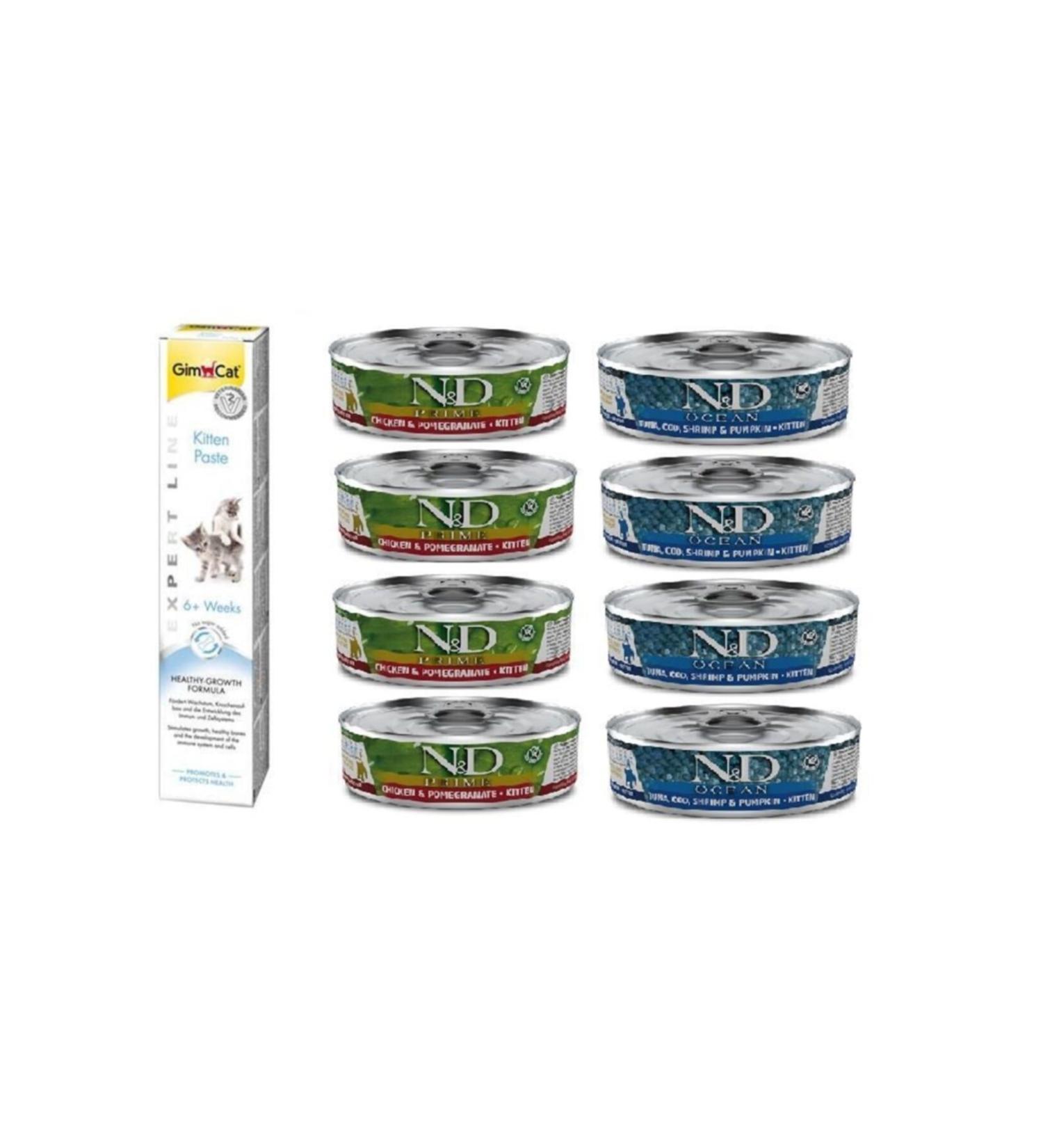 N & D Kitten 8 Pieces (4-chicken Pomegranate + 4-fish) Kitten Wet Food 80 Gr + gimcat 50 Gr Kitten Paste