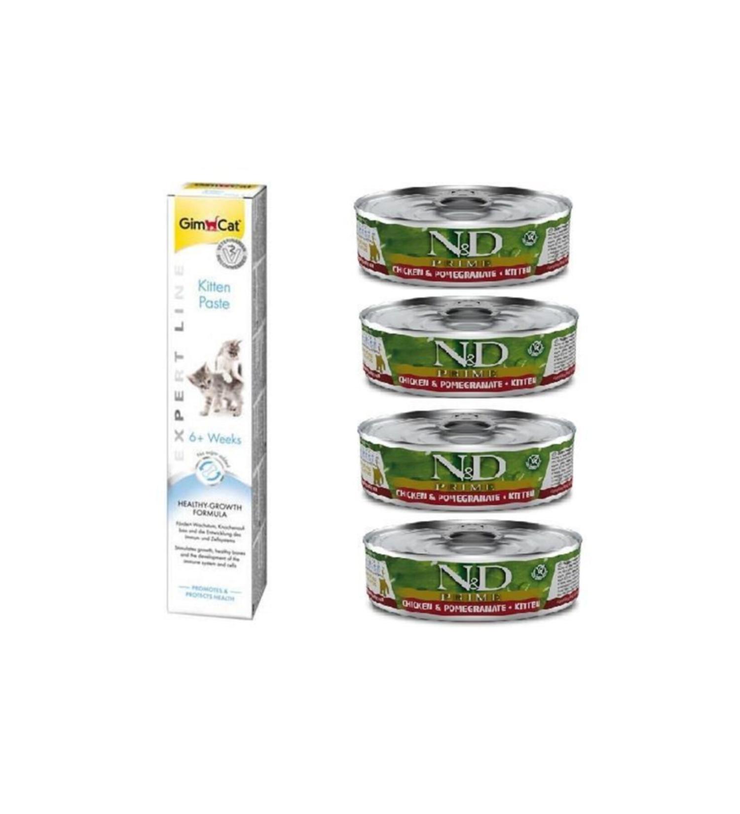 & D Kitten 4 Chicken Pomegranate Kitten Wet Food 80 gr + Gimcat 50 gr Kitten Paste