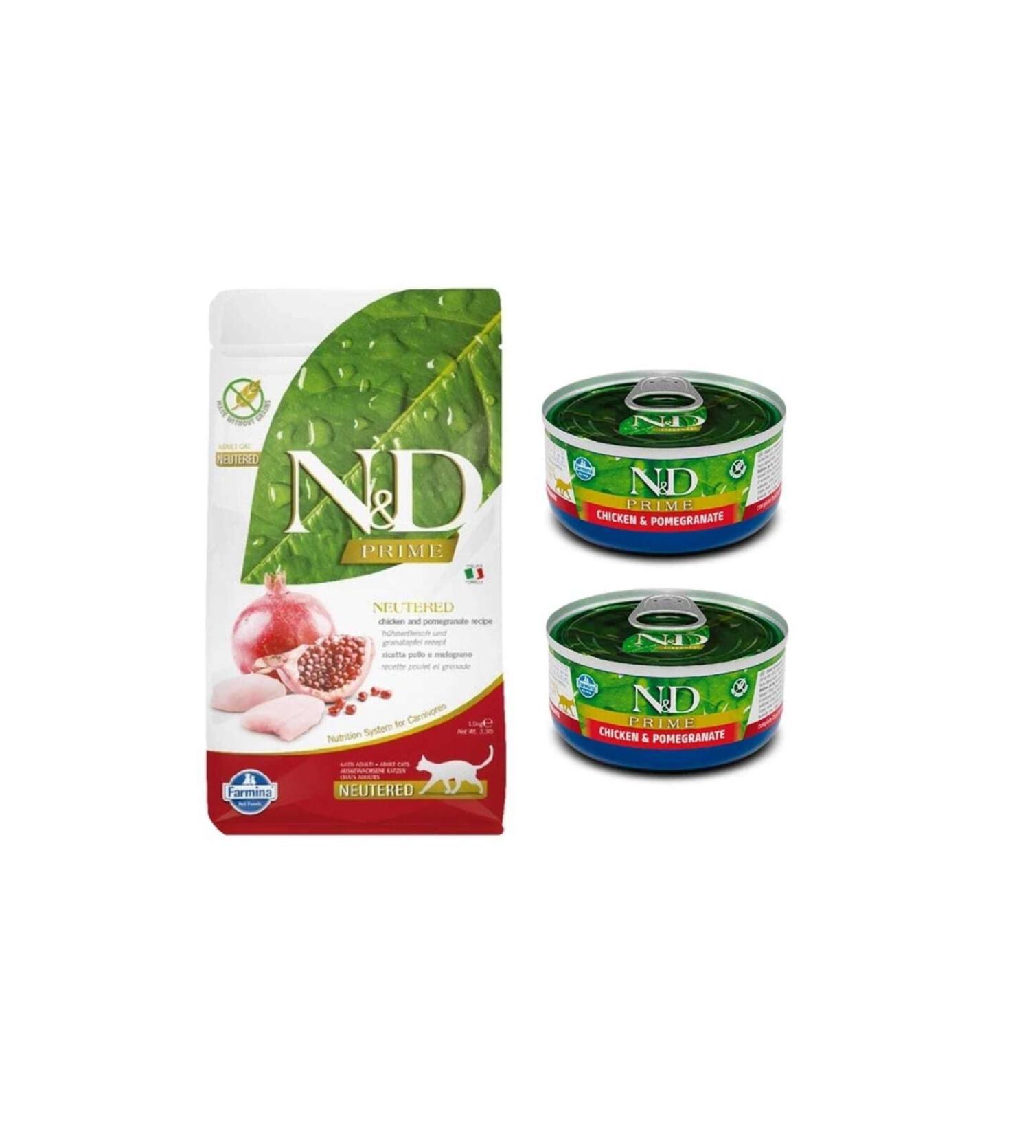 N & D Nd Prime Sterilized Adult Cat Food with Chicken and Pomegranate 1.5 Kg + 2 Pieces 70 Gr Canned
