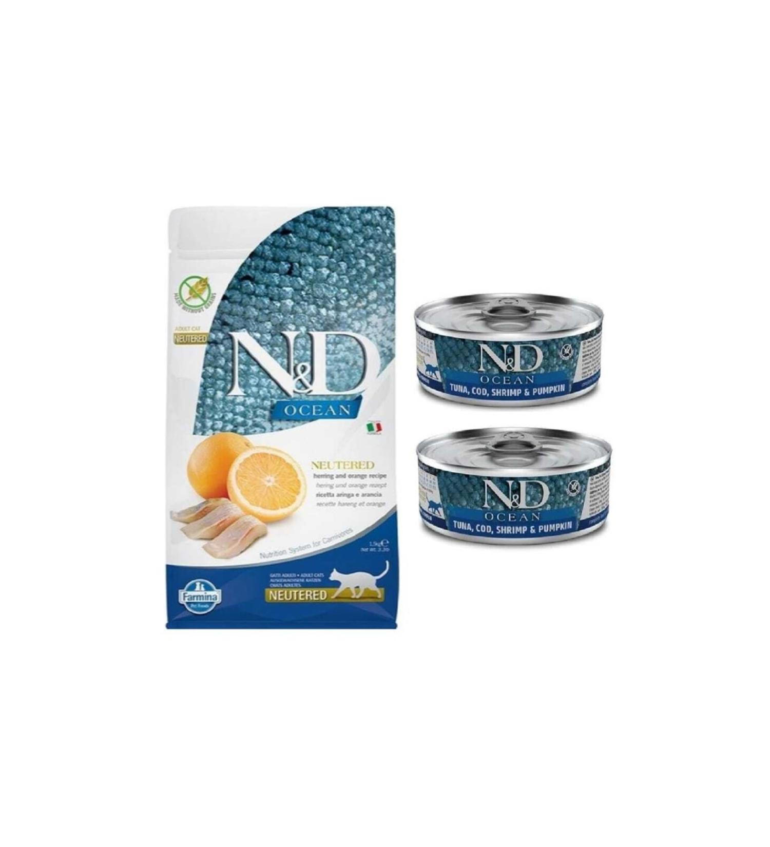 N & D Nd Ocean Sterilized Cat Food with Herring and Orange 1.5 Kg + 2 Pieces 80 Gr Canned