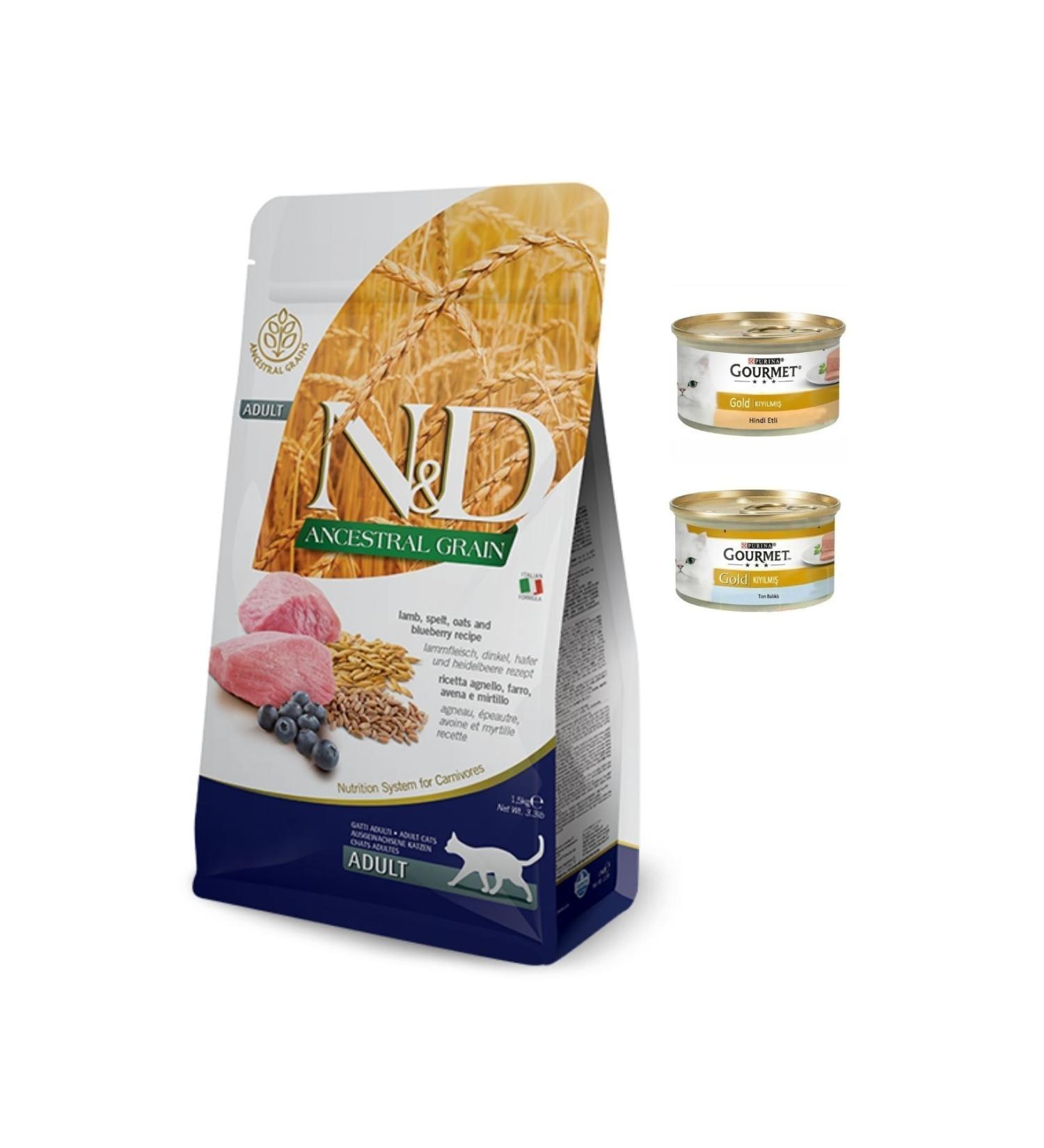 N & D Low Grain Lamb Blueberry Adult Cat Food 1.5 Kg + 2 Pieces Gourmet Chopped Canned 85 Gr