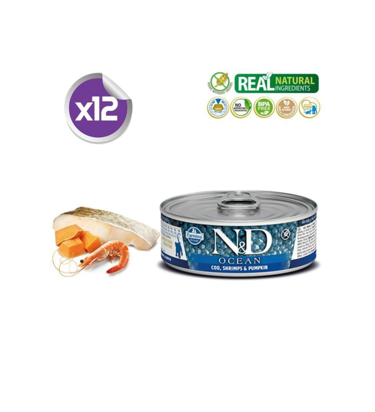 N & D Ocean Grain-Free Canned Food for Kittens with Fish and Shrimp 80 gr x 12 Pieces