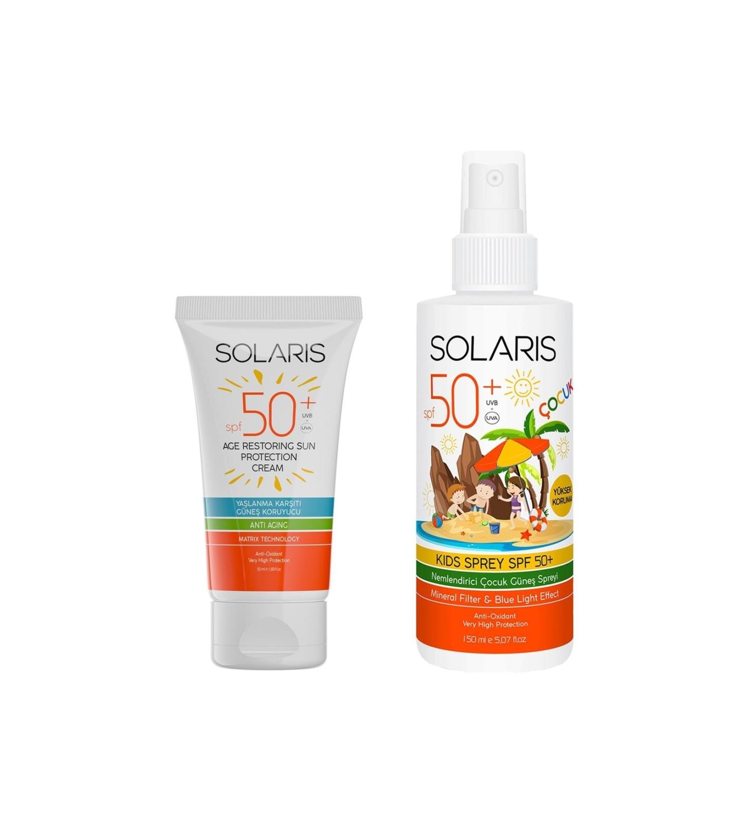 SOLARIS Anti-Aging Sun Cream for All Skin Types Spf 50 (50 ML) and Children's Sun Cream Spray Spf 50 - Buy Online on GoSupps.com