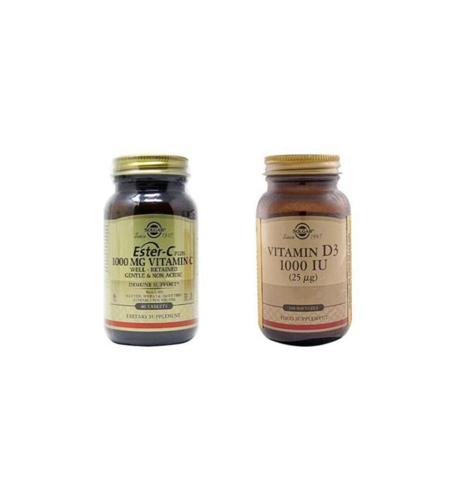 Solgar D3 1000 Iu 100 Capsules & Ester C 1000 Mg 60 Tb - Buy Online on GoSupps.com