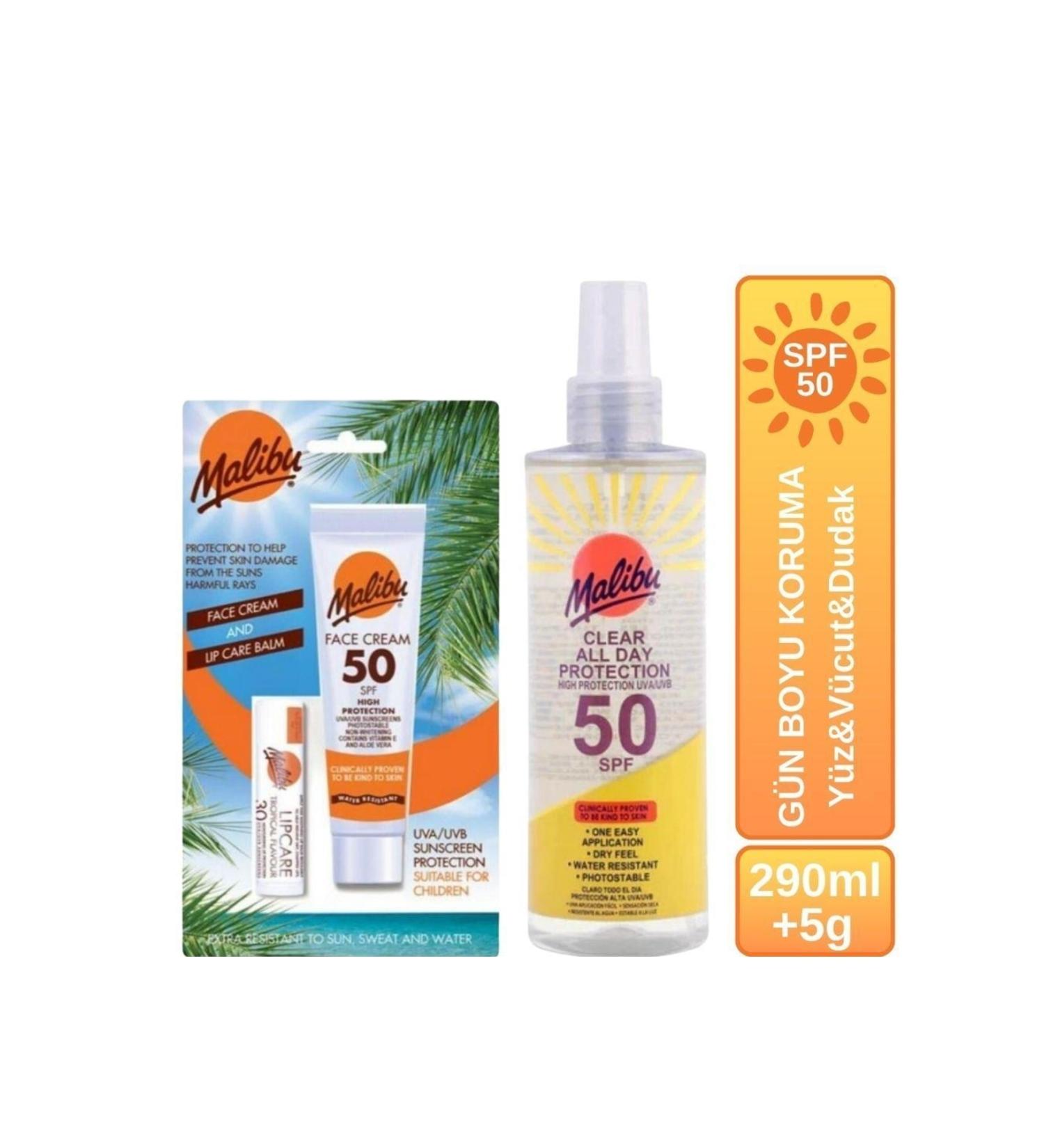 Malibu Sunscreen Spf50 + Face Lotion Spf50 + Lip Protector Spf30 All Day Protection Set