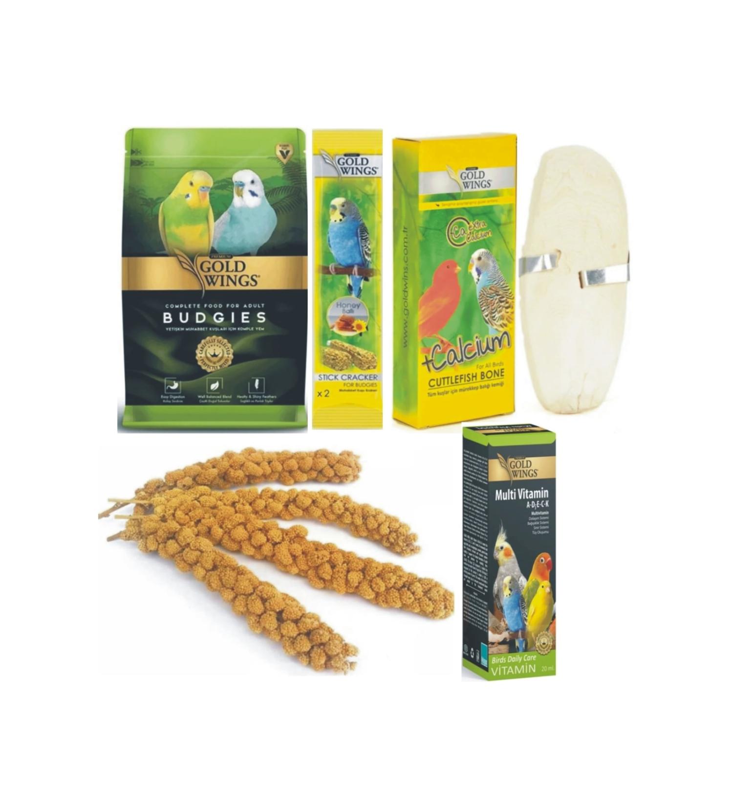 Gold Wings Budgie Food 1 Kg. Honey Food 1x2 Pieces Squid Bone 1x2 Pieces + Multi Vitamin 20 Ml + 4 Pieces Millet