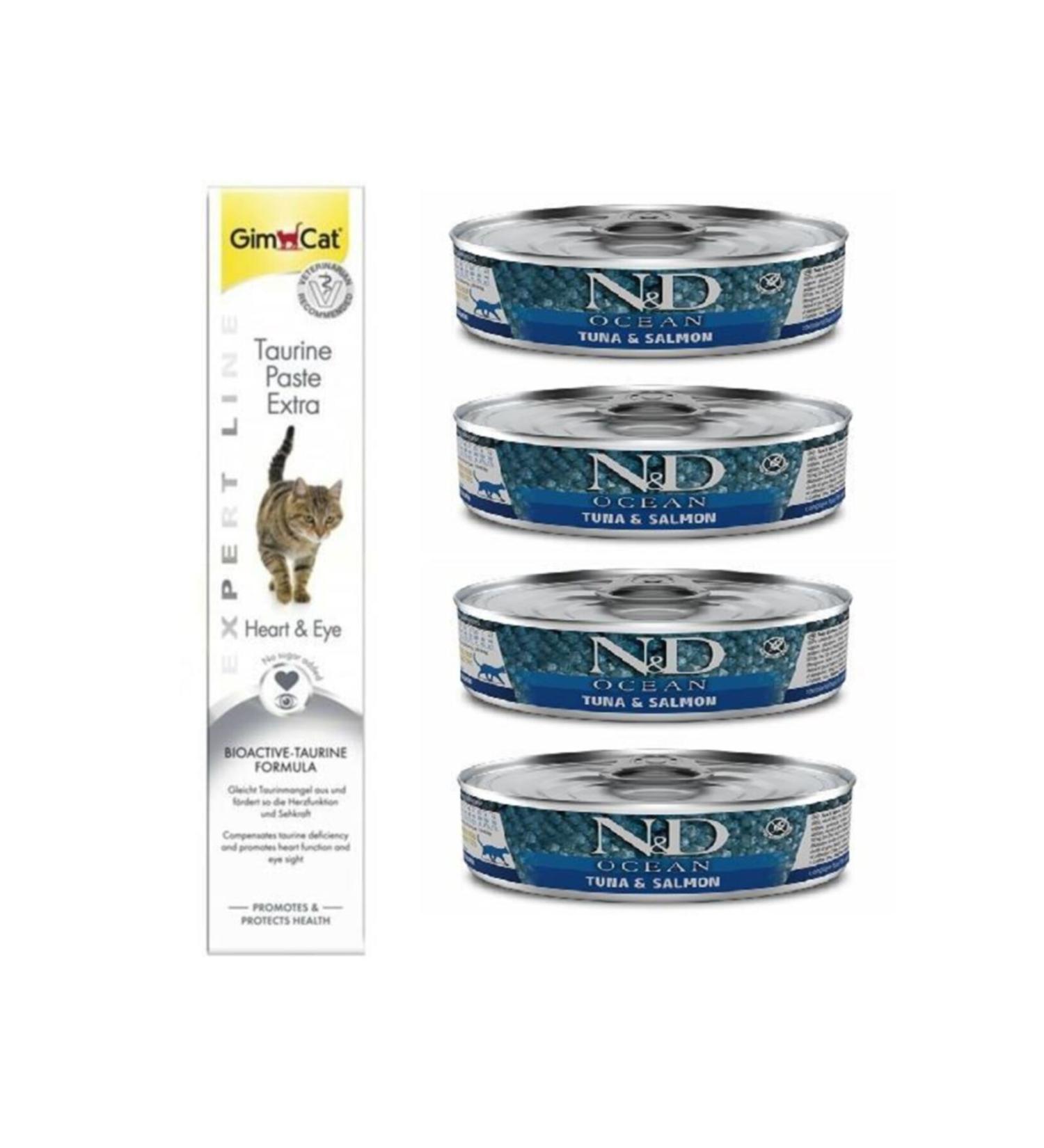 & D Grain Free 4 Pieces Tuna Salmon Cat Wet Food 80 Gr + Gimcat Taurine 50 Gr