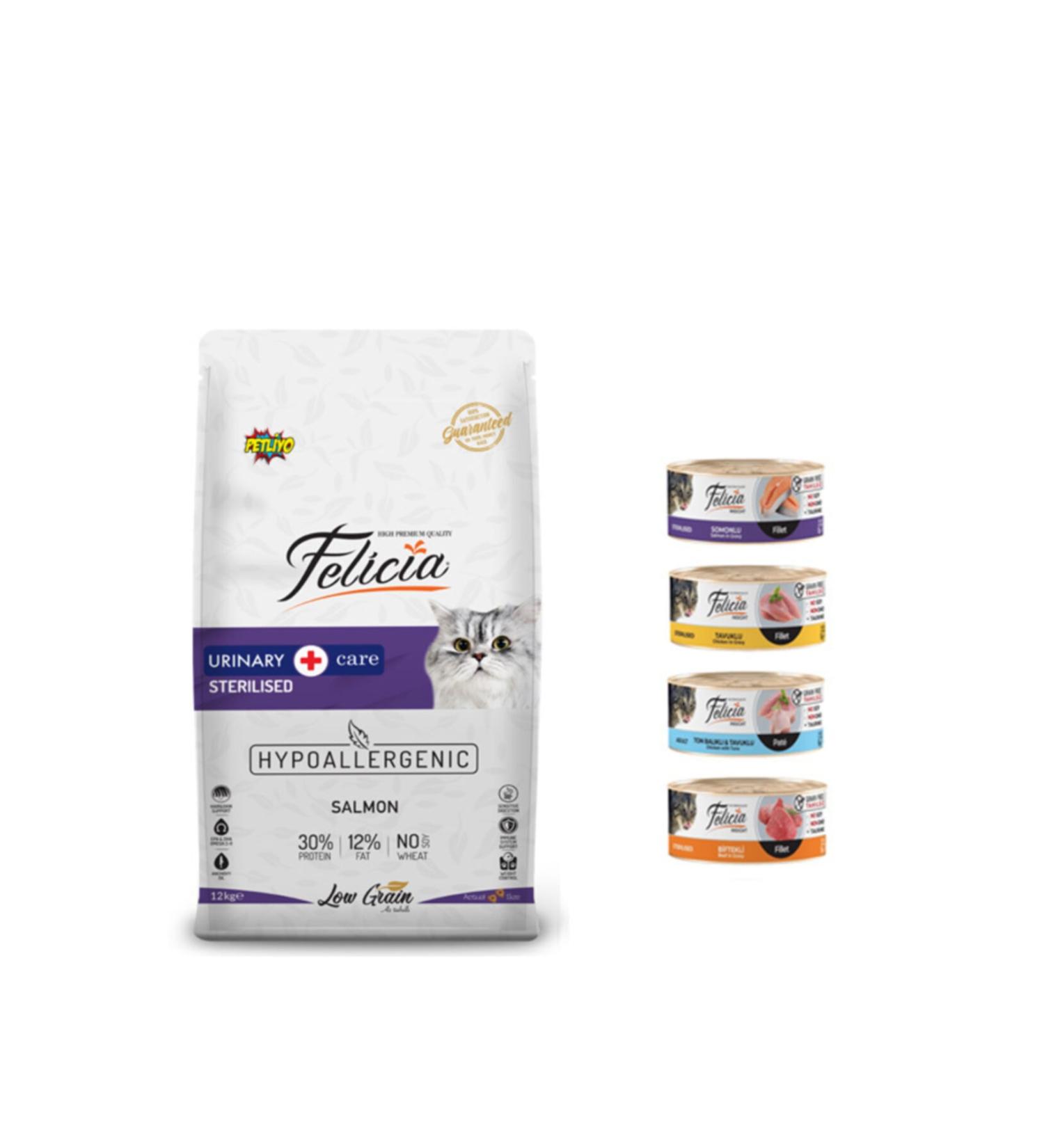 Felicia Sterilized Salmon Cat Food 12 Kg + 4 Pieces Wet Food - Petliyo