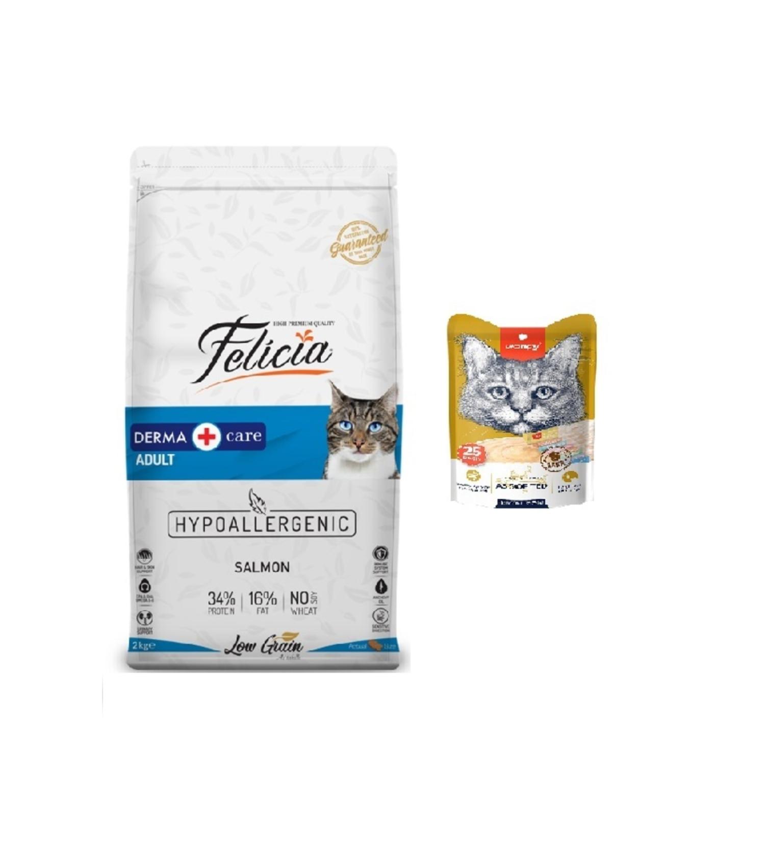 Felicia 2 Kg Adult Salmon Cat Dry Food + Wanpy Mixed 8 Delicious Cream Cat Reward 25 * 14 Gr