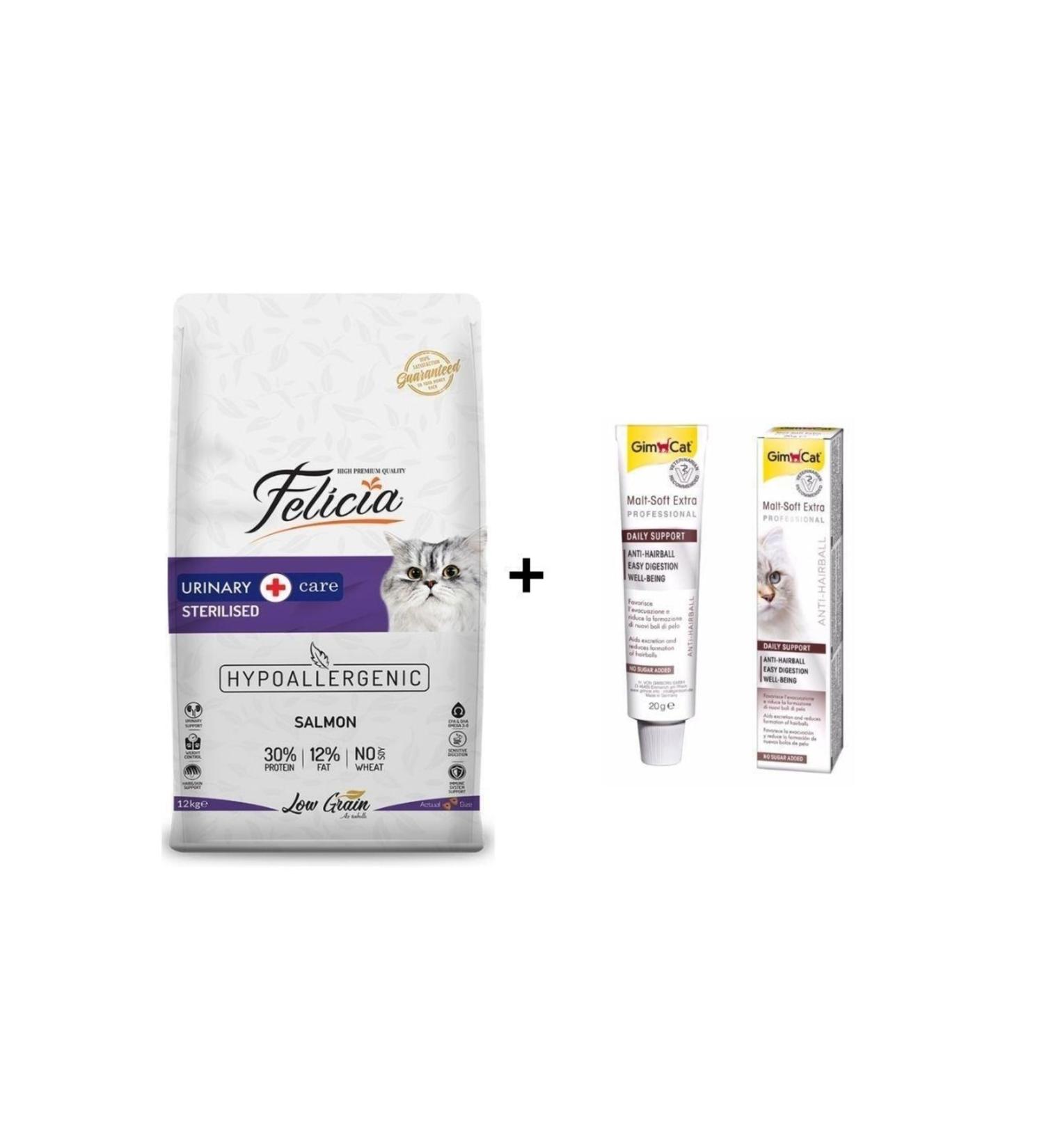 Felicia Sterilized Neutered Salmon Cat Food 12 Kg + Gimcat Malt Soft Extra 20 Gr