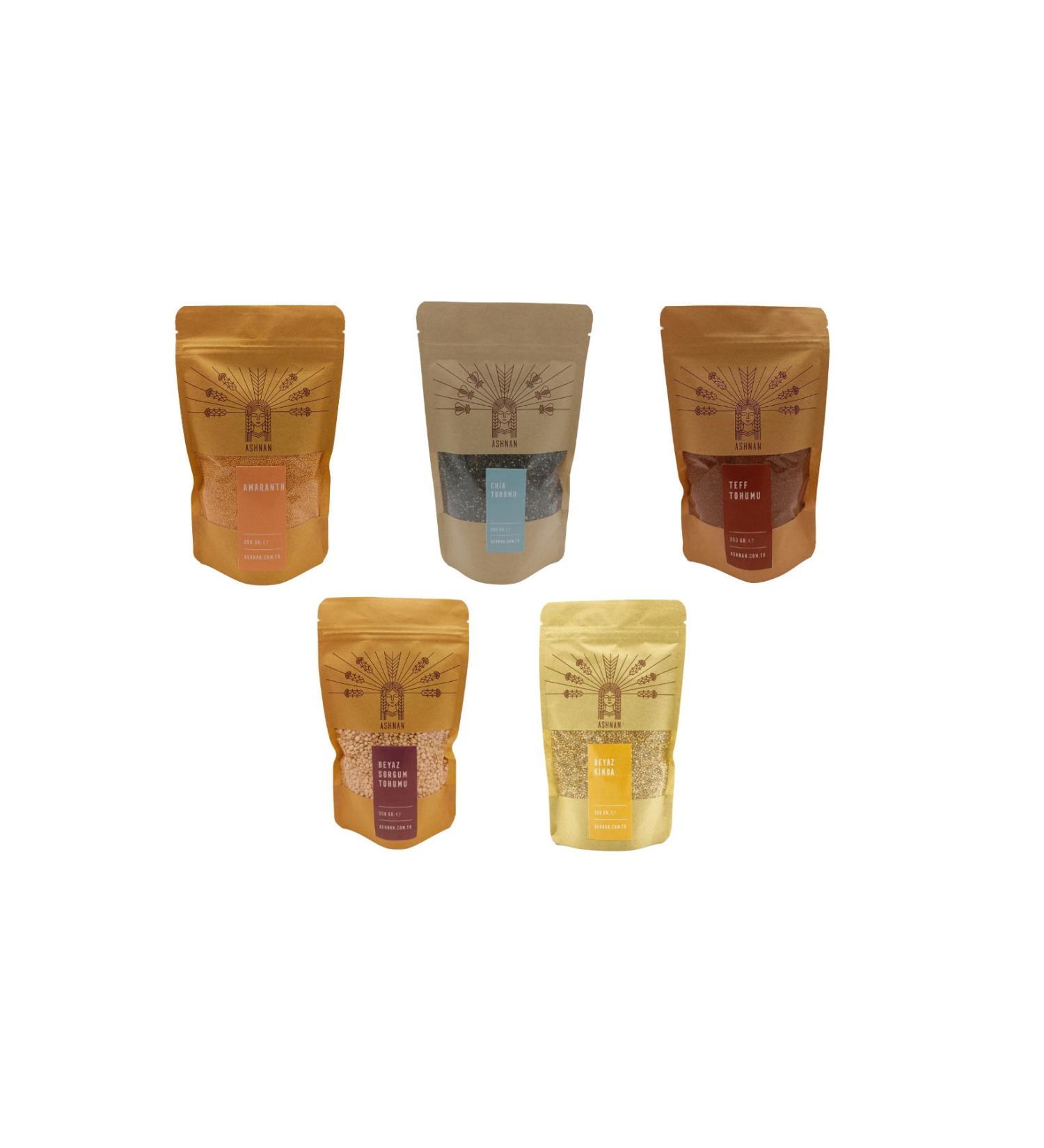 Ashnan Gluten Free Pack Chia Seed 200g + Quinoa Seed 200g + Amaranth 200g + Teff Seed 200g + White Sorghum