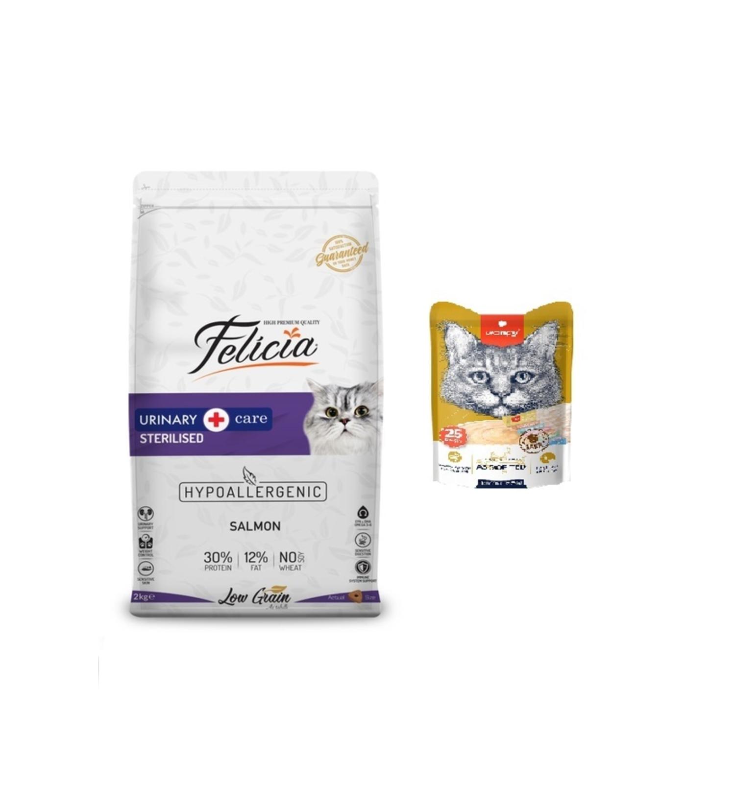 Felicia 2 Kg Salmon Neutered Cat Dry Food + Wanpy Mixed 8 Delicious Cream Cat Reward 25 * 14 Gr