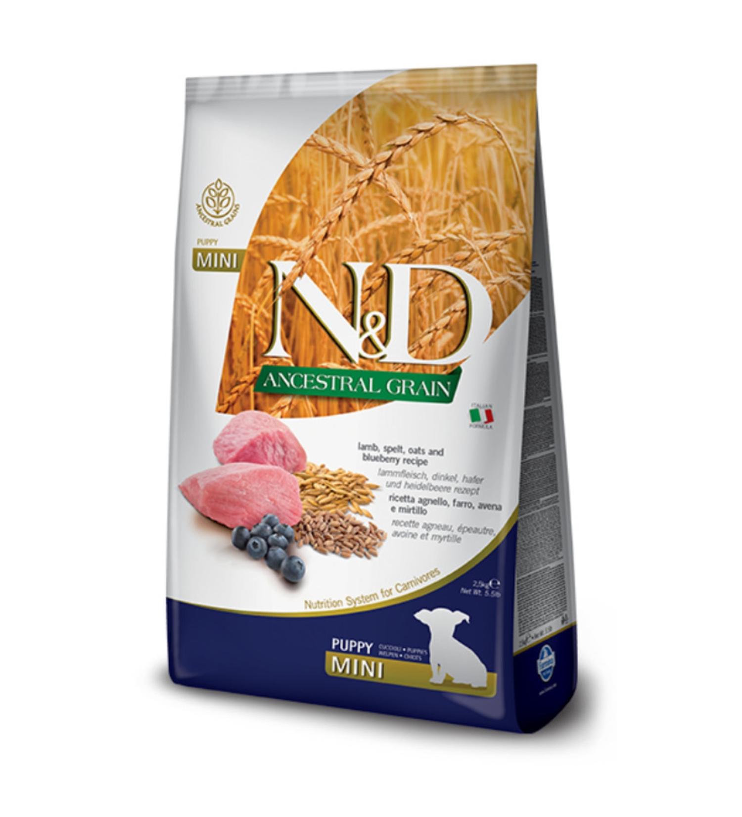 N & D Ancestral Grain Mini Puppy Low Grain Lamb and Blueberry Puppy Food 2.5 Kg