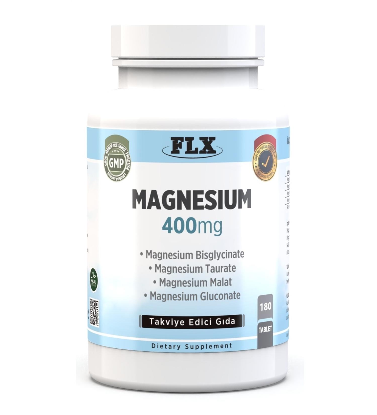 FLX 180 Tablets Magnesium Elements Complex 400 Mg Bisglycinate Malate Taurate Gluconate