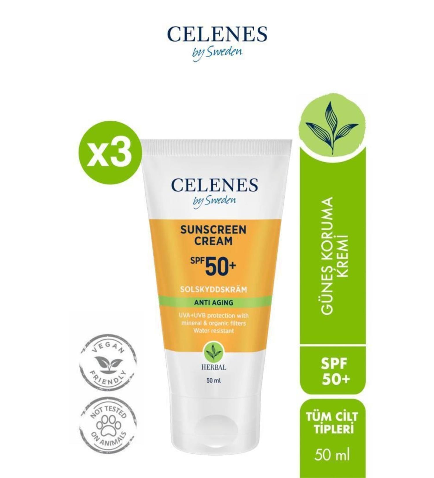 Celenes by Sweden Herbal Spf 50 Anti-Aging Sun Cream 50 ml X3 Pieces