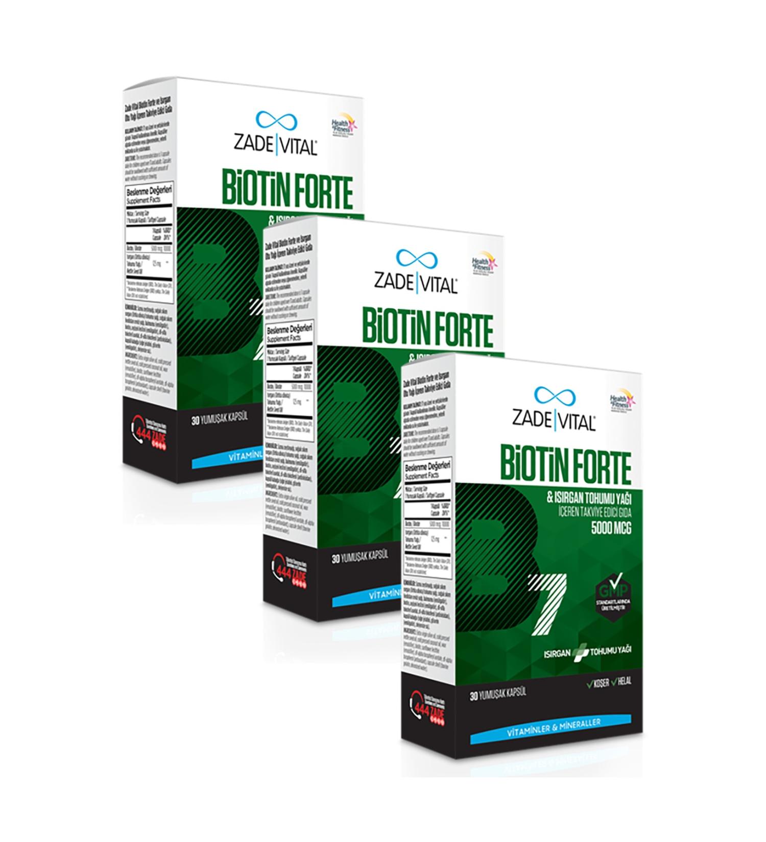 Zade Vital Biotin Forte 5000 Mcg (Supplementary Food Containing Nettle Seed Oil) 30 Capsules X 3 Boxes (90 Capsules)