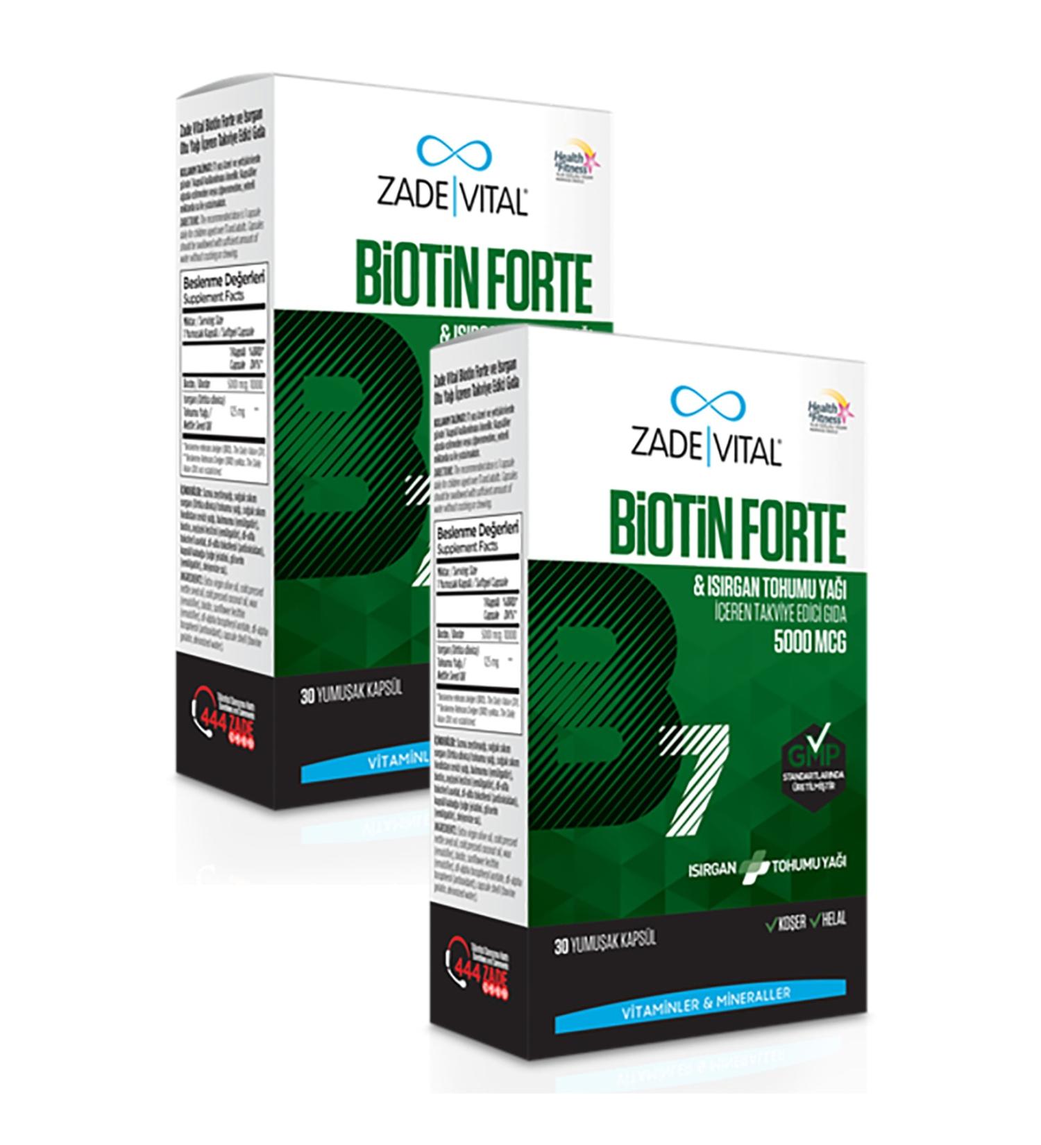 Zade Vital Biotin Forte 5000 Mcg (Supplementary Food Containing Nettle Seed Oil) 30 Capsules X 2 Boxes (60 Capsules)