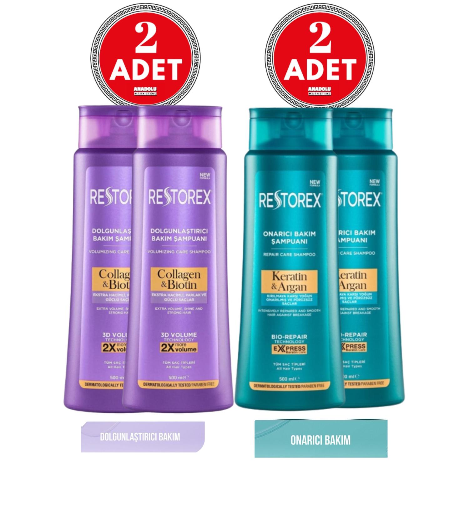 Restorex Keratin & Argan Shampoo 500 Ml 2 Pieces + Collagen & Biotin Plumping Shampoo 500 Ml 2 Pieces