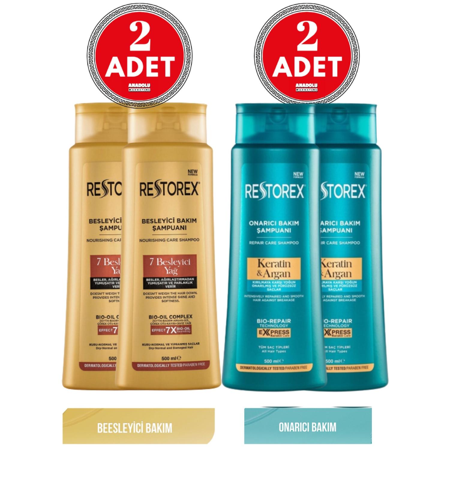 Restorex Care Shampoo 7 Nourishing Oils 500 Ml 2 Pieces + Keratin & Argan Shampoo 500 Ml 2 Pieces - Buy Online on GoSupps.com