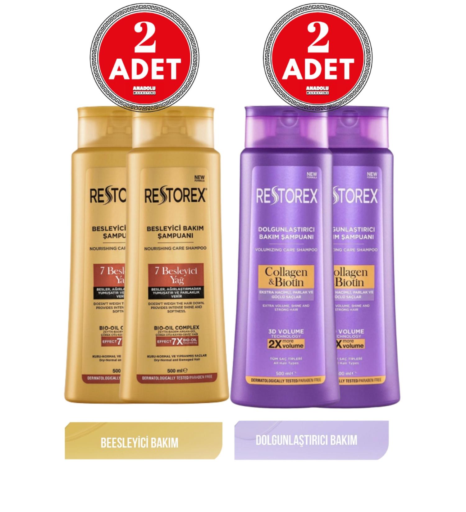 Restorex 500ml Collagen&biotin Plumping Shampoo 2 Pieces + Care Shampoo 7 Nourishing Oil 2 Pieces - Buy Online on GoSupps.com