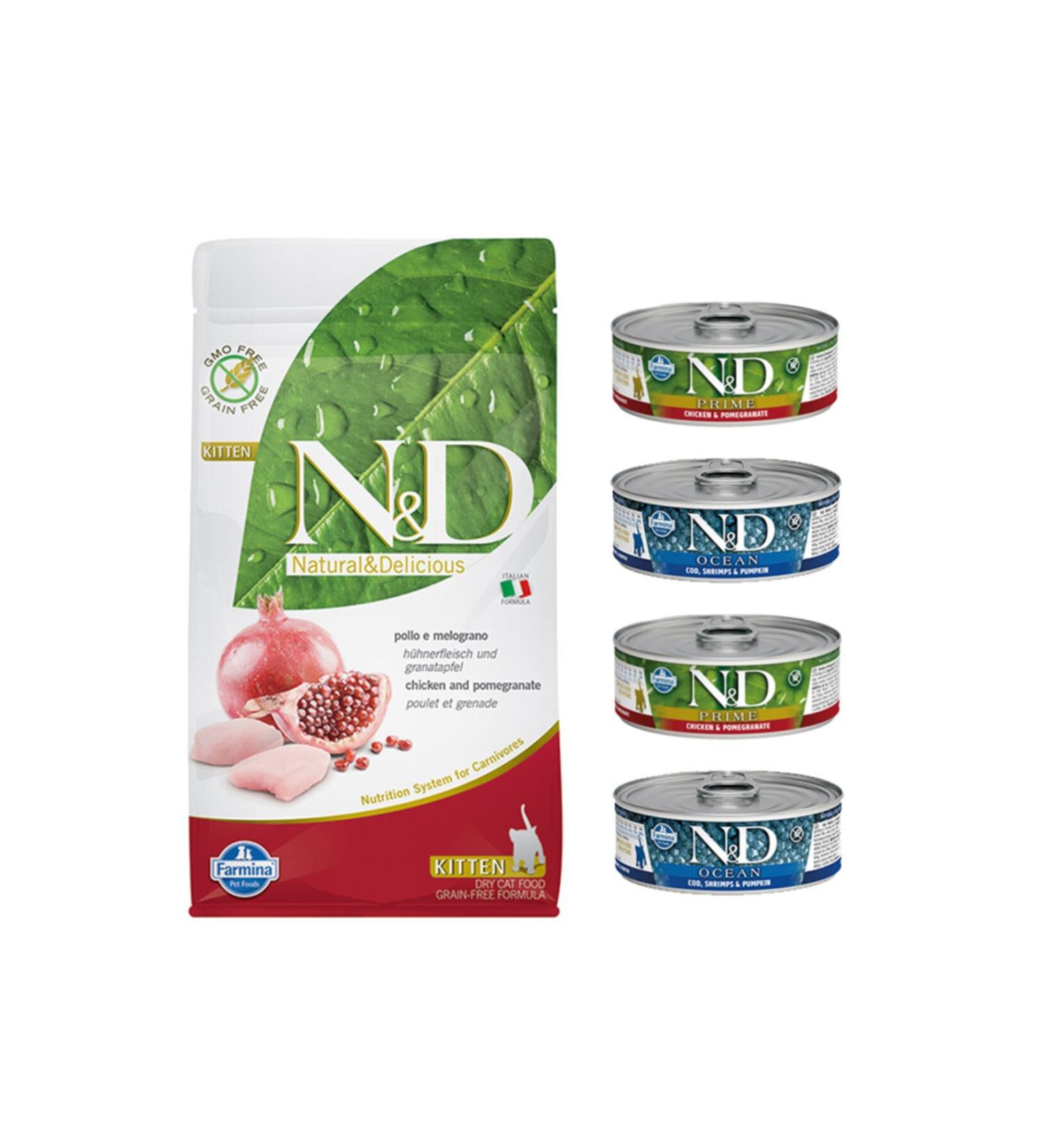 N & D Kitten Kitten Chicken Pomegranate Cat Food 3 Kg + Kitten Canned Food Set of 4 (original)