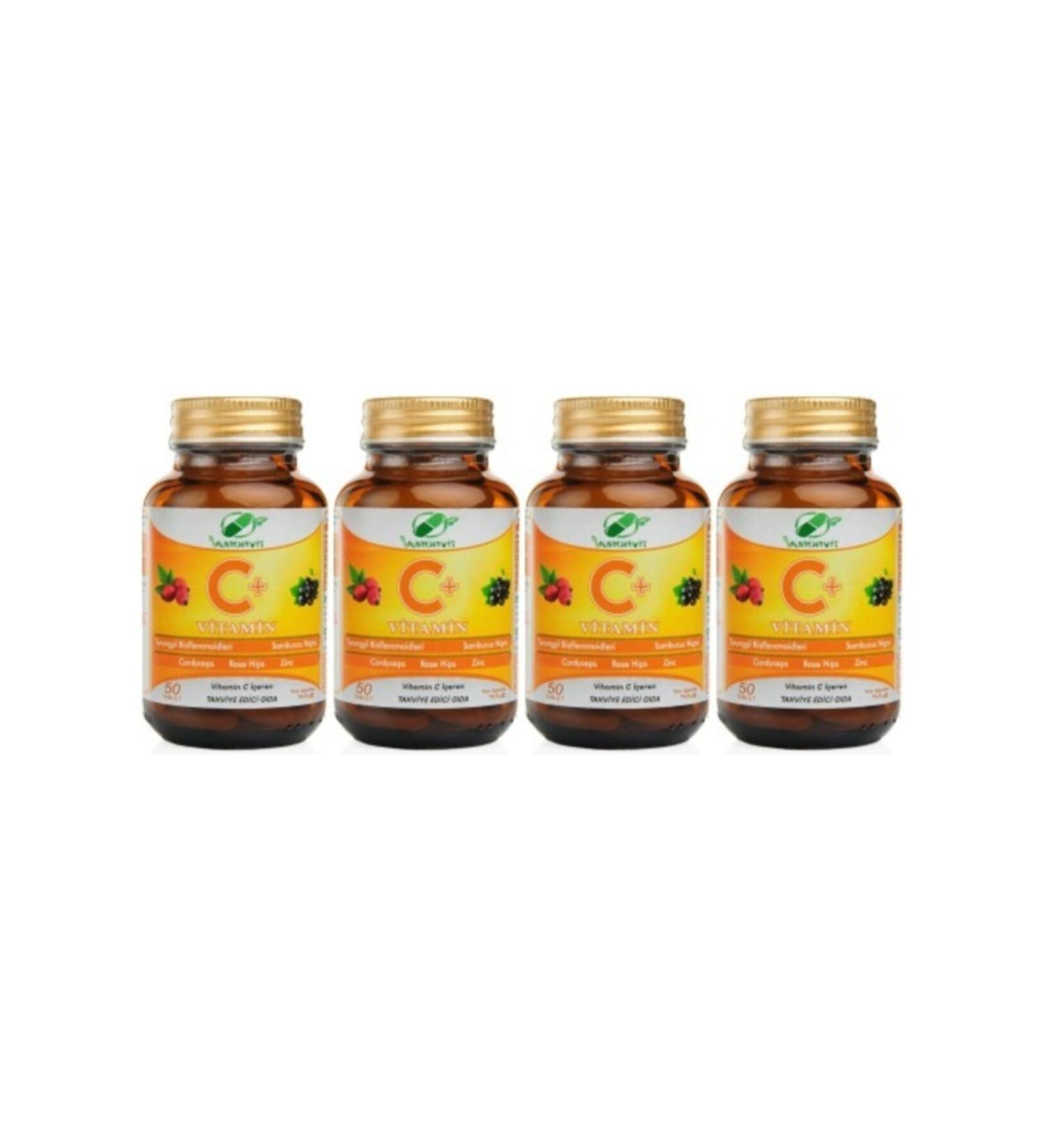 Yurdavit Vitamin C 1000 Mg Black Elderberry Rosehip Zinc Cordyceps Mushroom Citrus 4 Pieces 50 Tablets