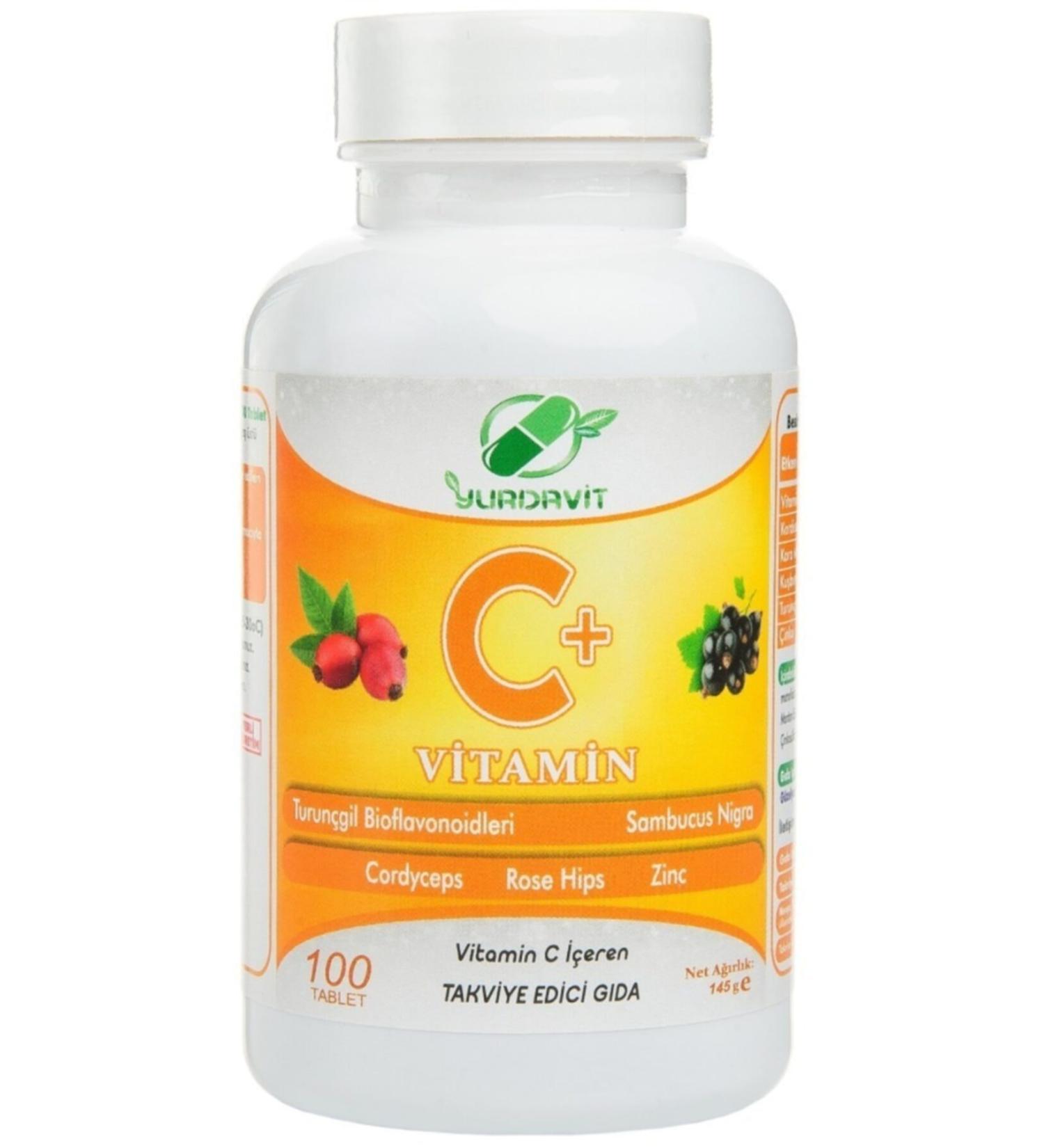 Yurdavit Vitamin C 1000 Mg Rose Hips Elderberry Zinc Citrus Bioflavonoids Cordyceps 100 Tablets