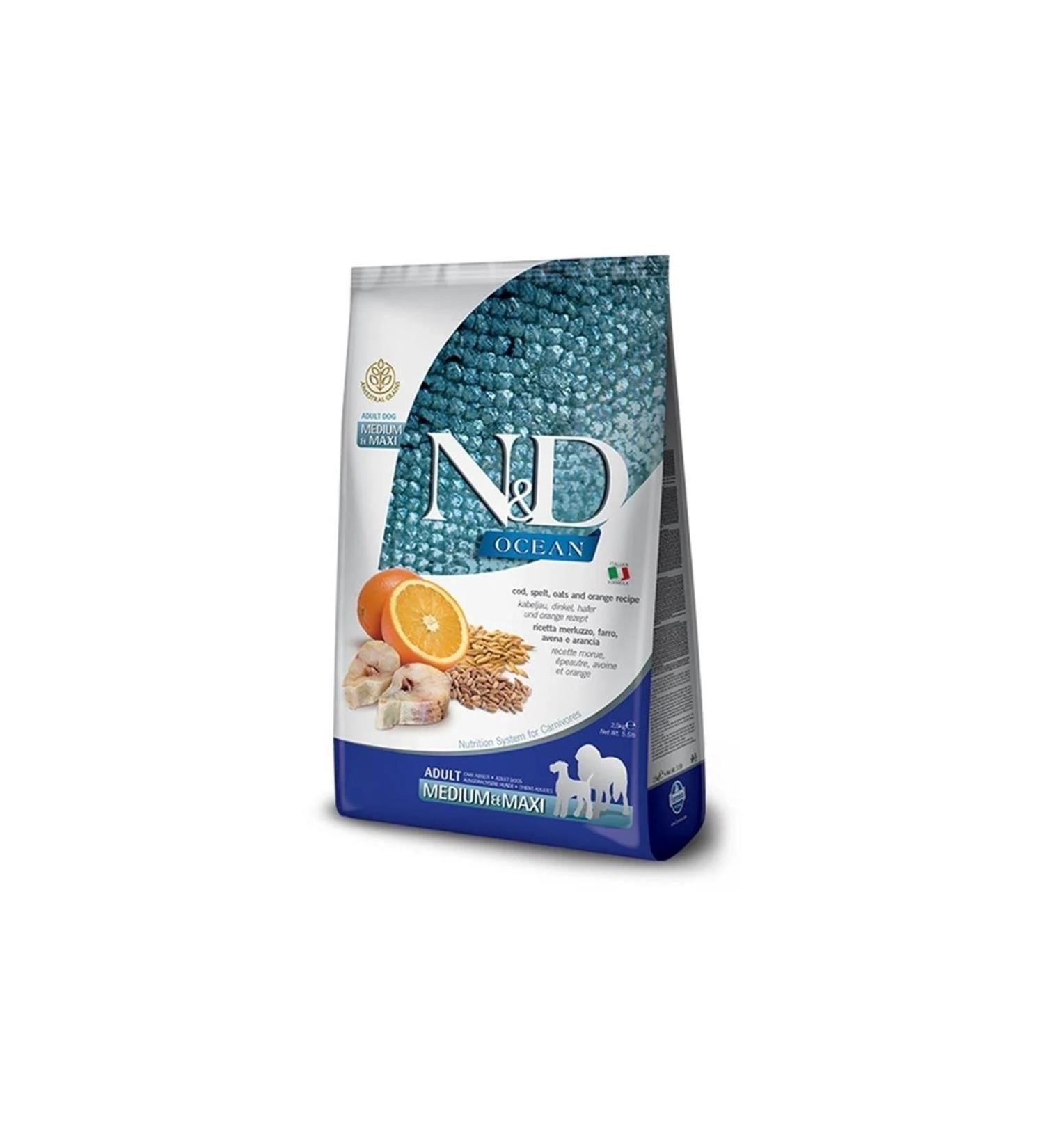 N & D Nd Ocean Medium Maxi Adult Dog 2.5kg Low Grain Cod Wheat Oat Orange Dog Food