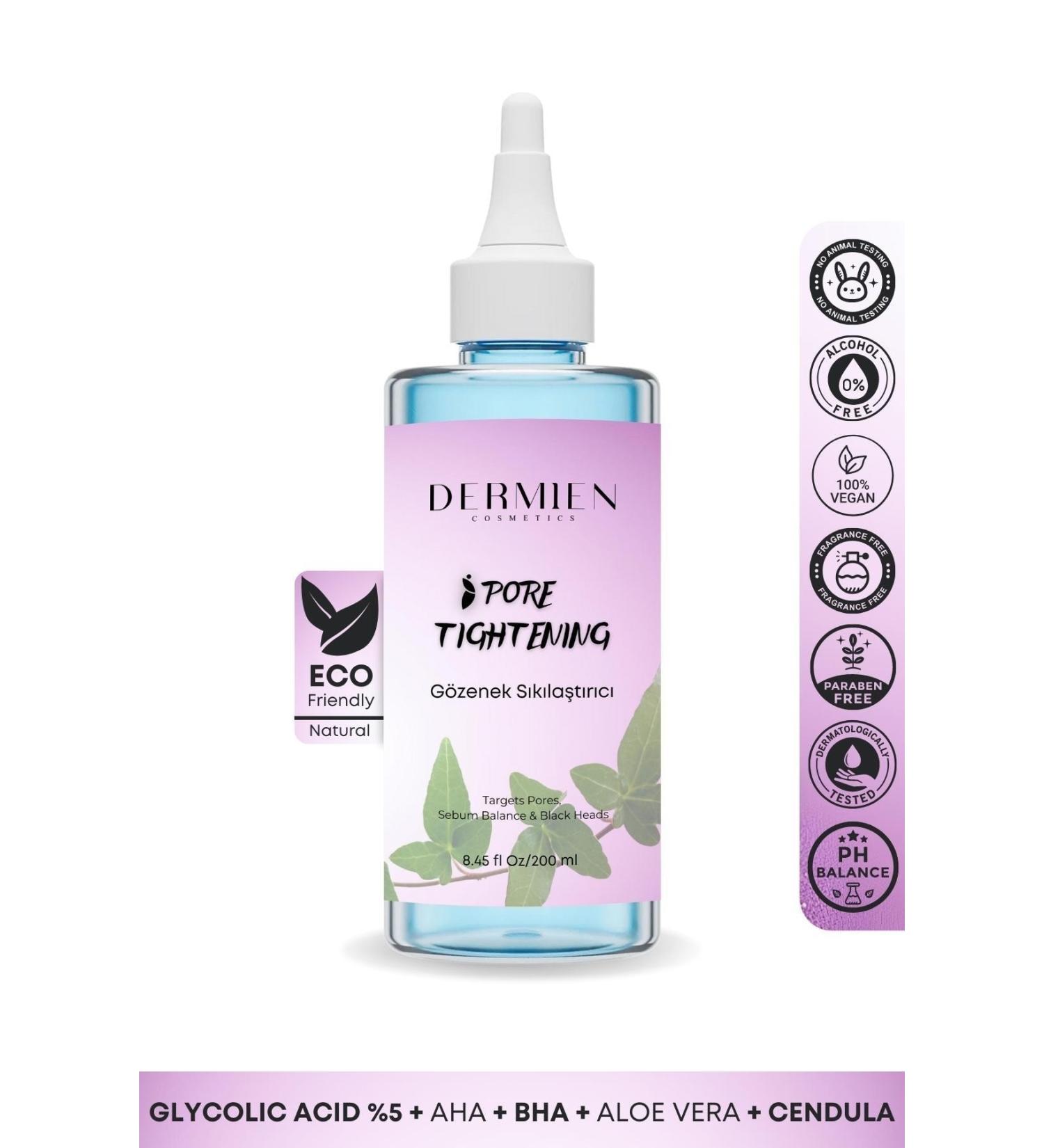 Dermien Cosmetics Purifying Revitalizing Pore Tightening Glycolic Acid Aha Bha Toner for All Skin Types 200 Ml