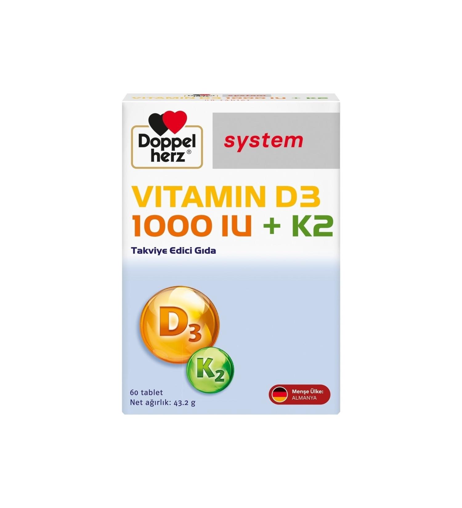 Doppelherz Vitamin D3 1000 IU + K2 60 Tablets