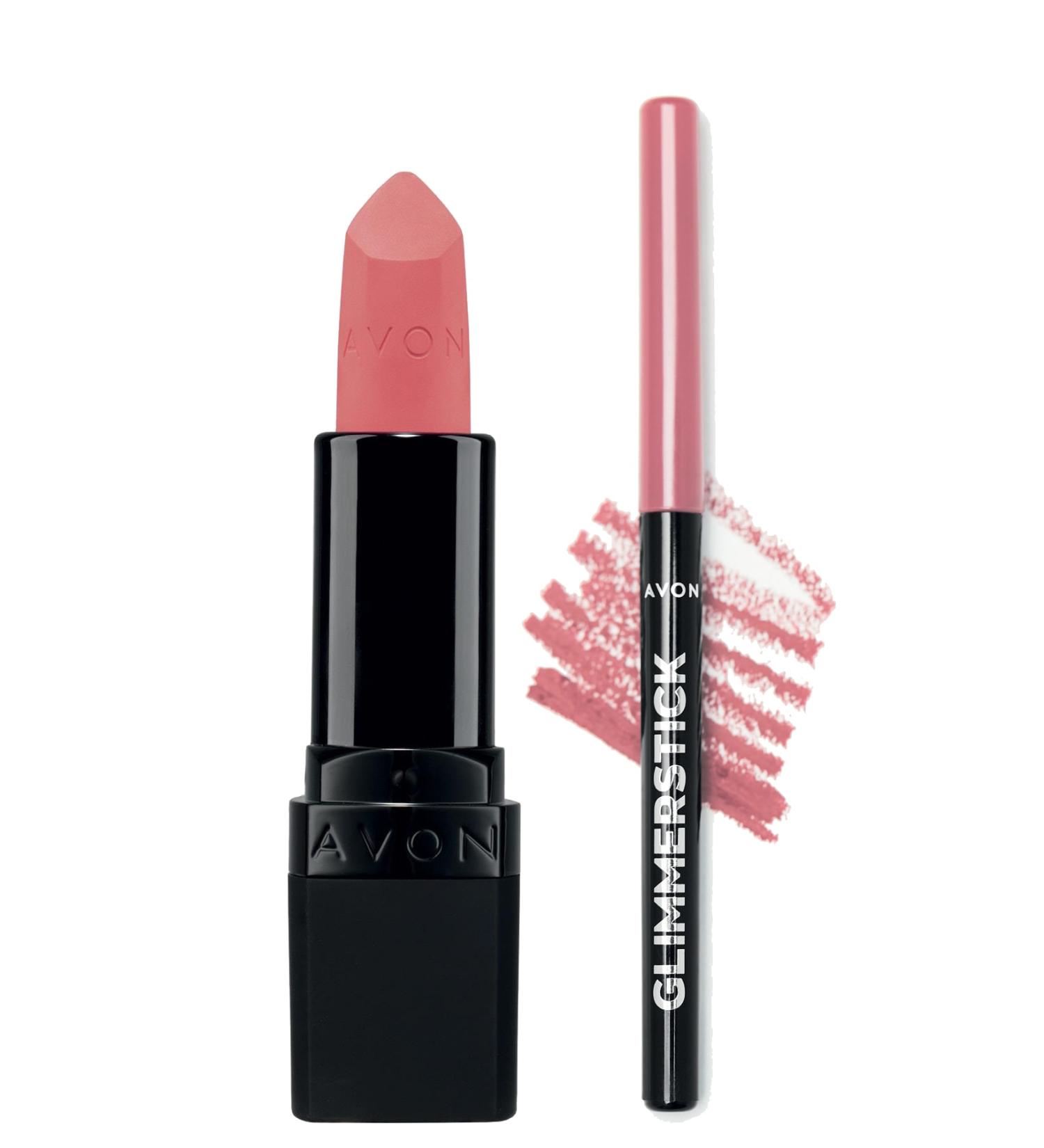 Avon Ultra Matte Lipstick Pink Passion and Glimmerstick Lip Pencil Pink Cashmere Package