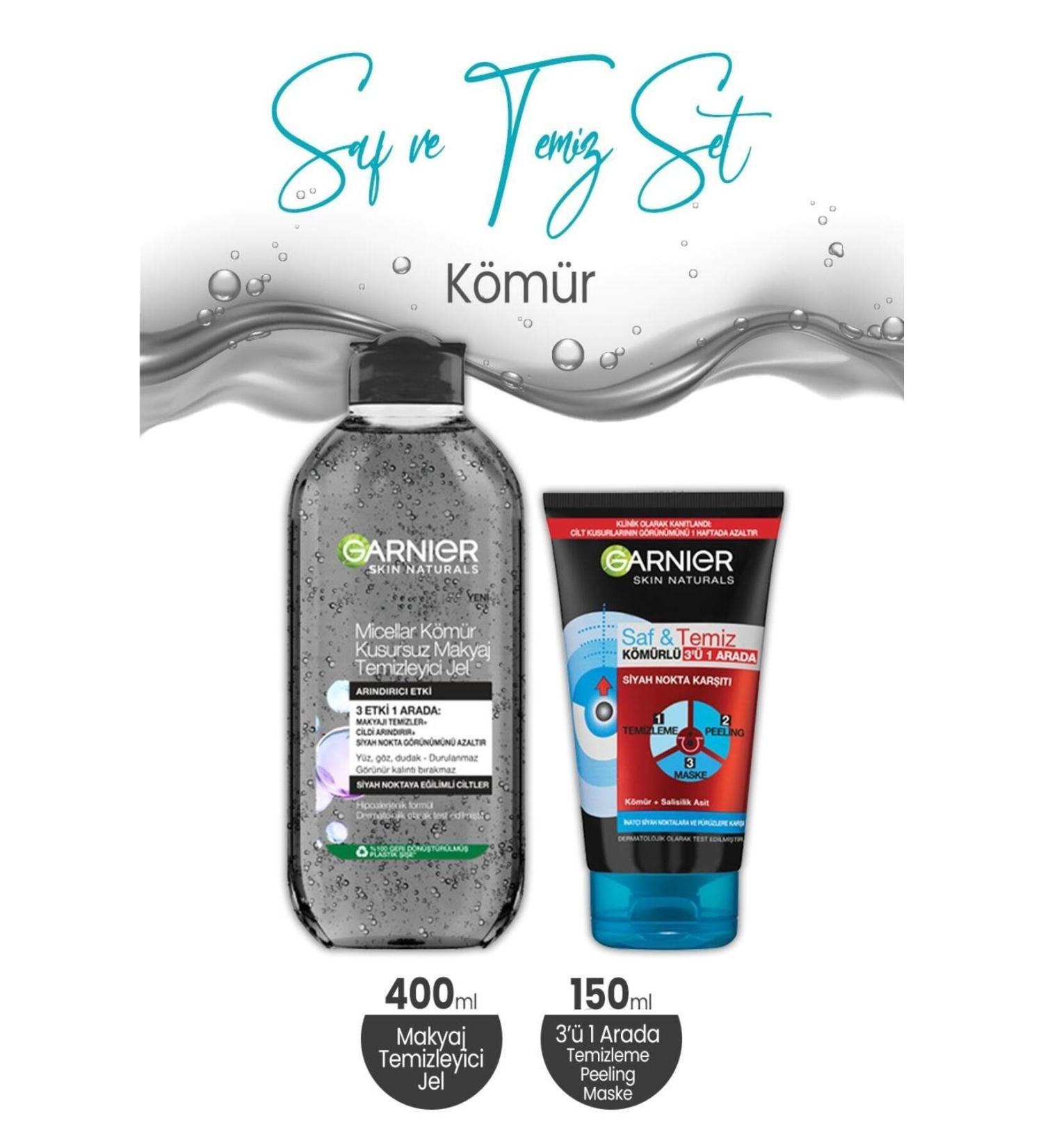 Garnier Charcoal Pure & Clean 3 in 1 150 ml and Micellar Charcoal Make-Up Remover Gel 400 ml