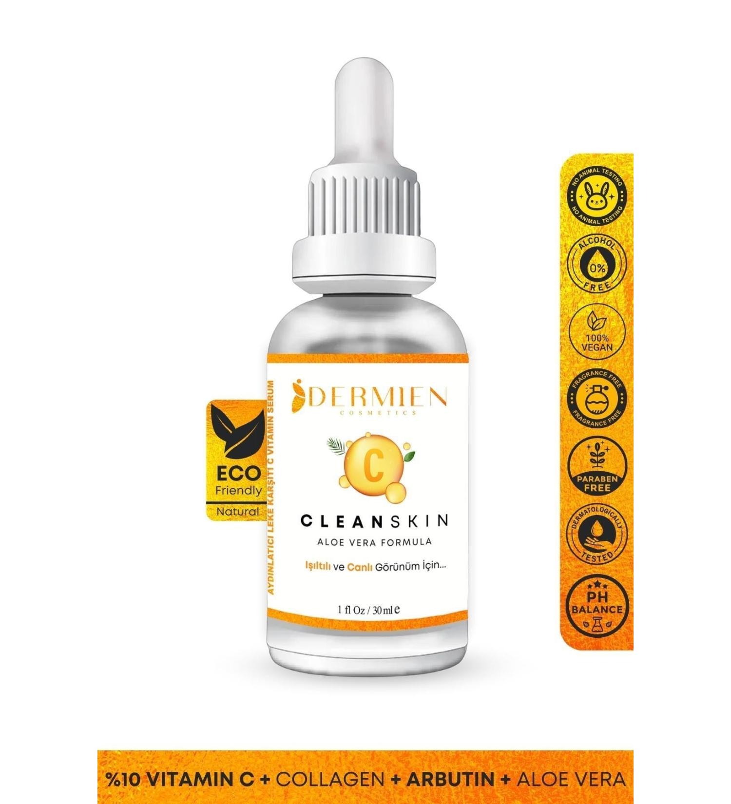 Dermien Cosmetics Vitamin C Brightening Skin Tone Equalizing Aloe Vera Collagen Arbutin 30 ml Skin Serum