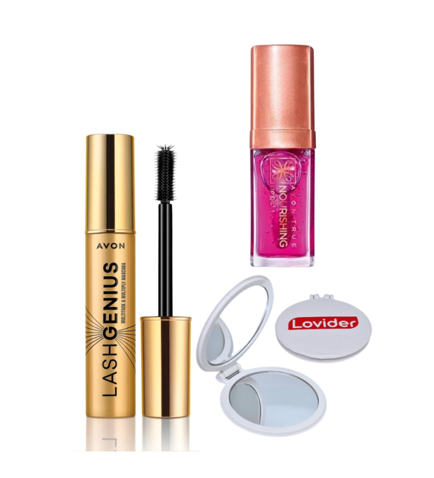 Avon True Lash Genius Mascara Black + Lip Care Oil Blossom + Lovider Pocket Mirror