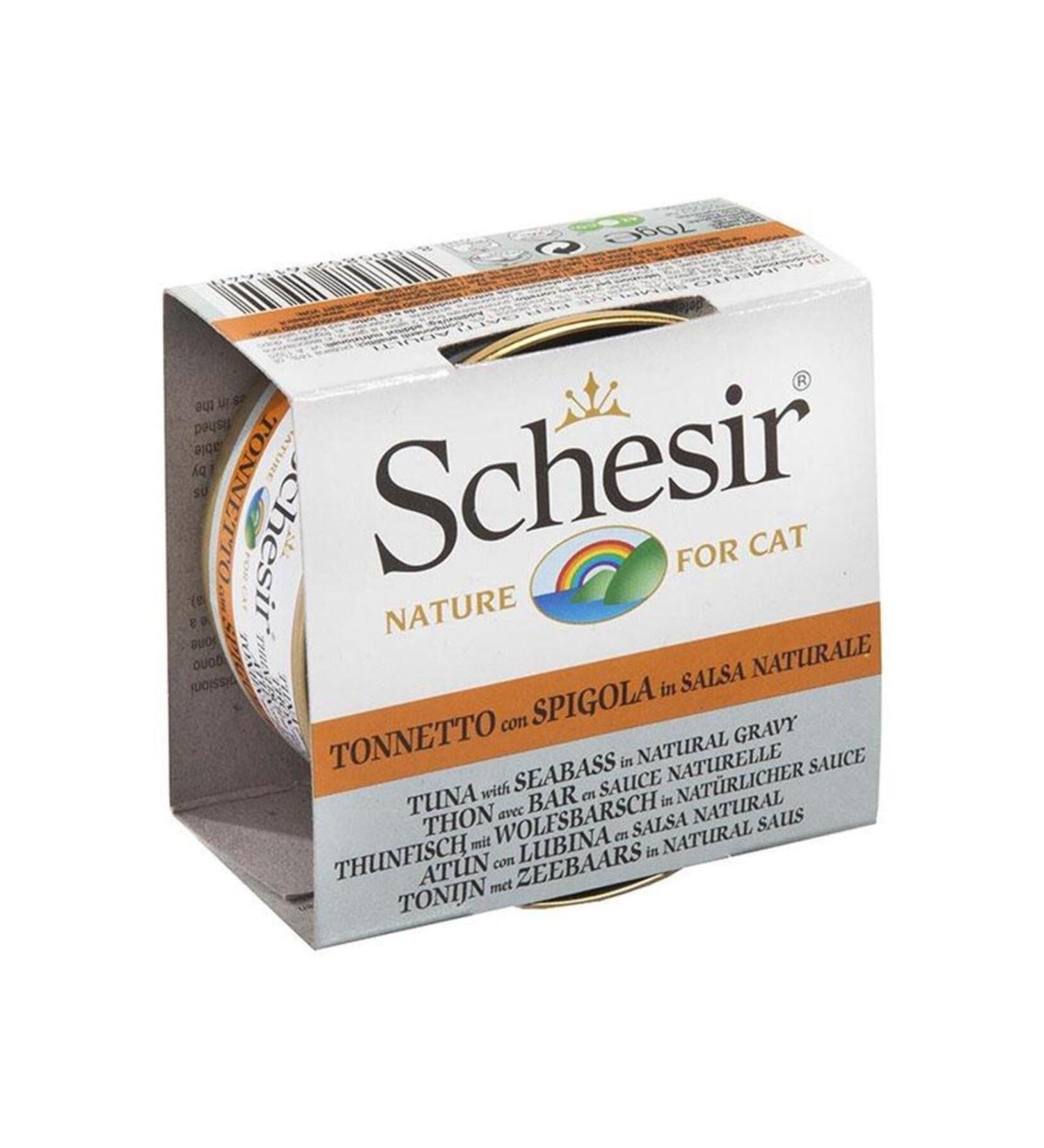 Canned Cat Food with Tuna and Sea Bass in Schesir Sauce 70 Gr X 6 Pieces