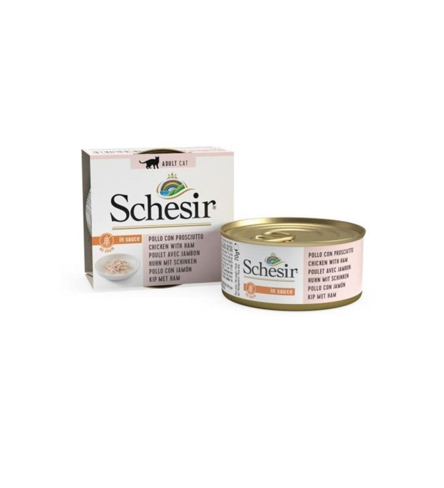 Canned Cat Food with Chicken and Ham in Schesir Sauce 70 Gr X 6 Pieces