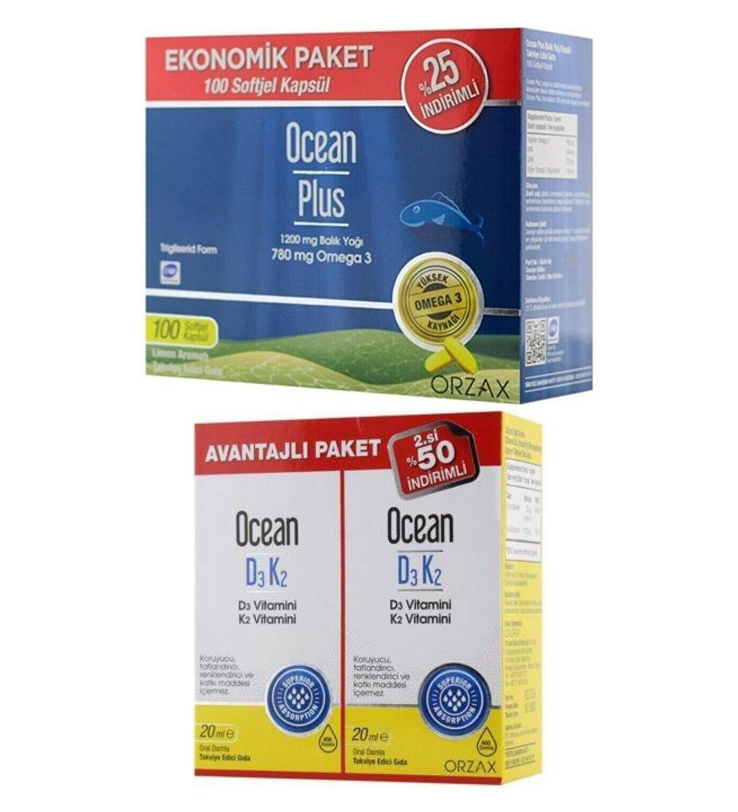 Ocean Plus Omega 3 1200 Mg 100 Capsules + Ocean Vitamin D3k2 Drops 20 Ml 2-Pack Advantage Package