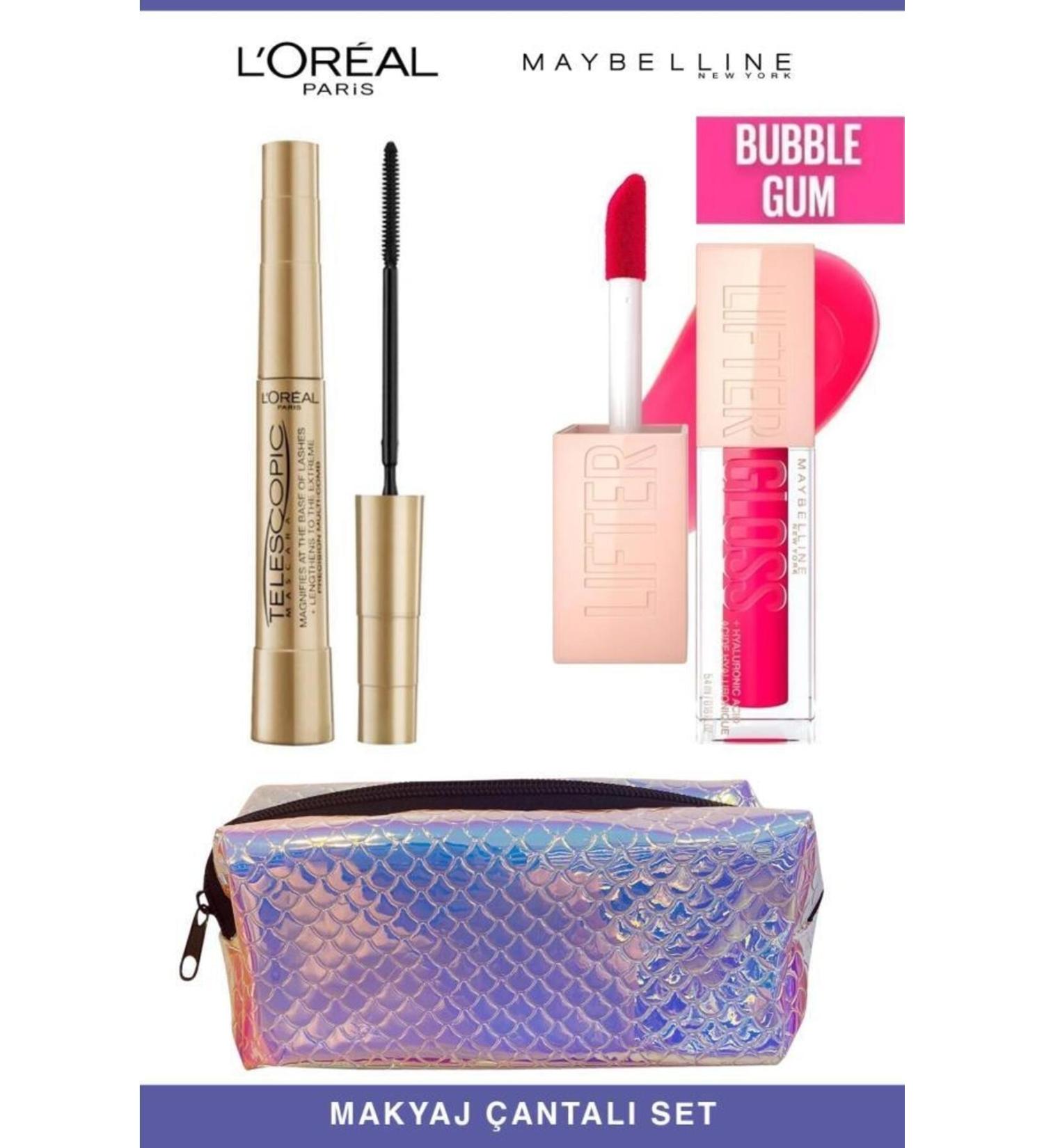 L'Oreal Paris Loreal Telescopic Instant Long Lashes-Maybelline Shiny and Full Lips 24 Bubblegum Makeup S
