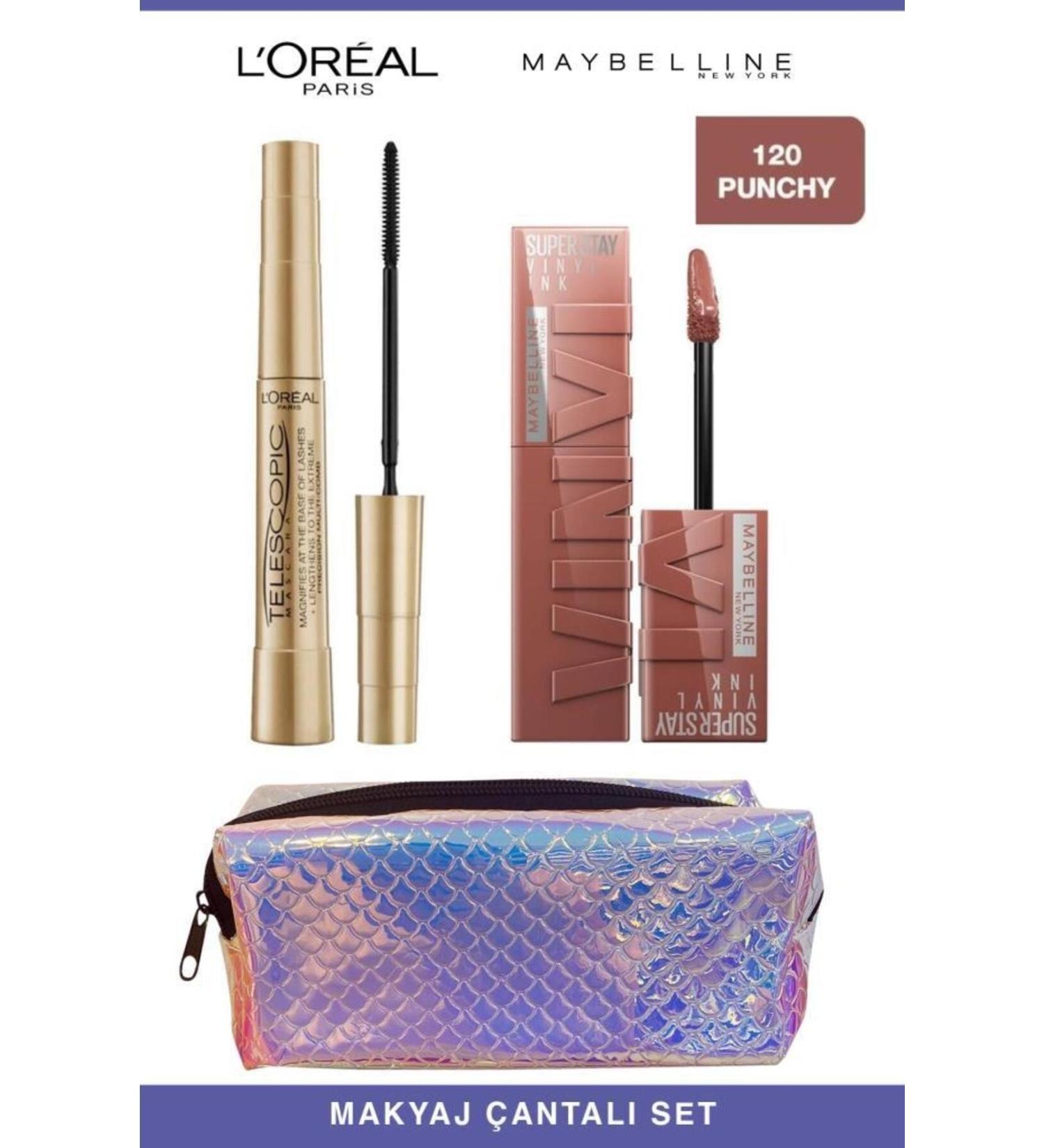 L'Oreal Paris Loreal Telescopic Instant Long Lashes-Maybelline Permanent and Full Lips 120 Punchy Makeup Set - Buy Online on GoSupps.com