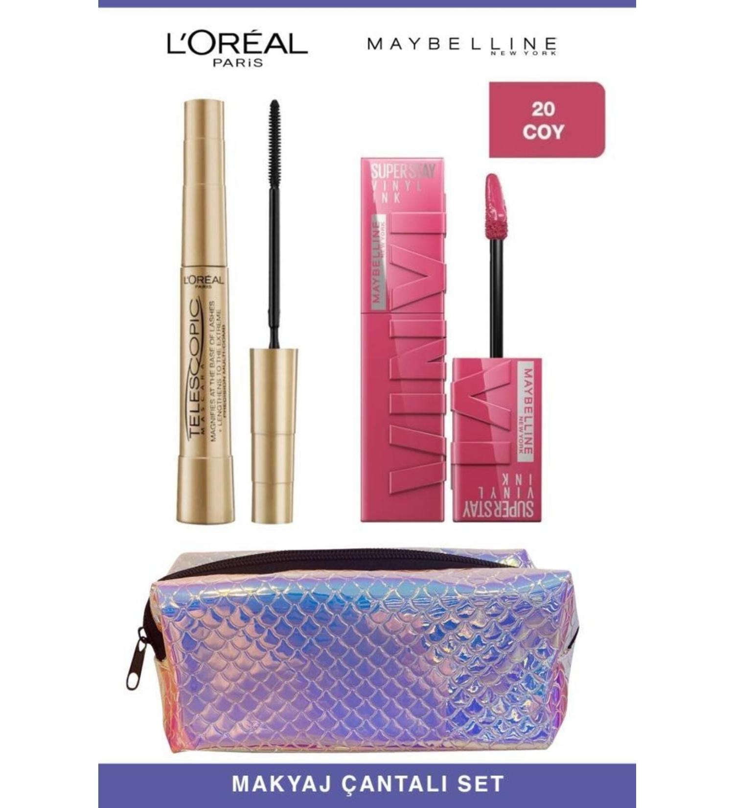 L'Oreal Paris Loreal Telescopic Instant Long Lashes-Maybelline Permanent and Full Lips 20 Coy Makeup Set