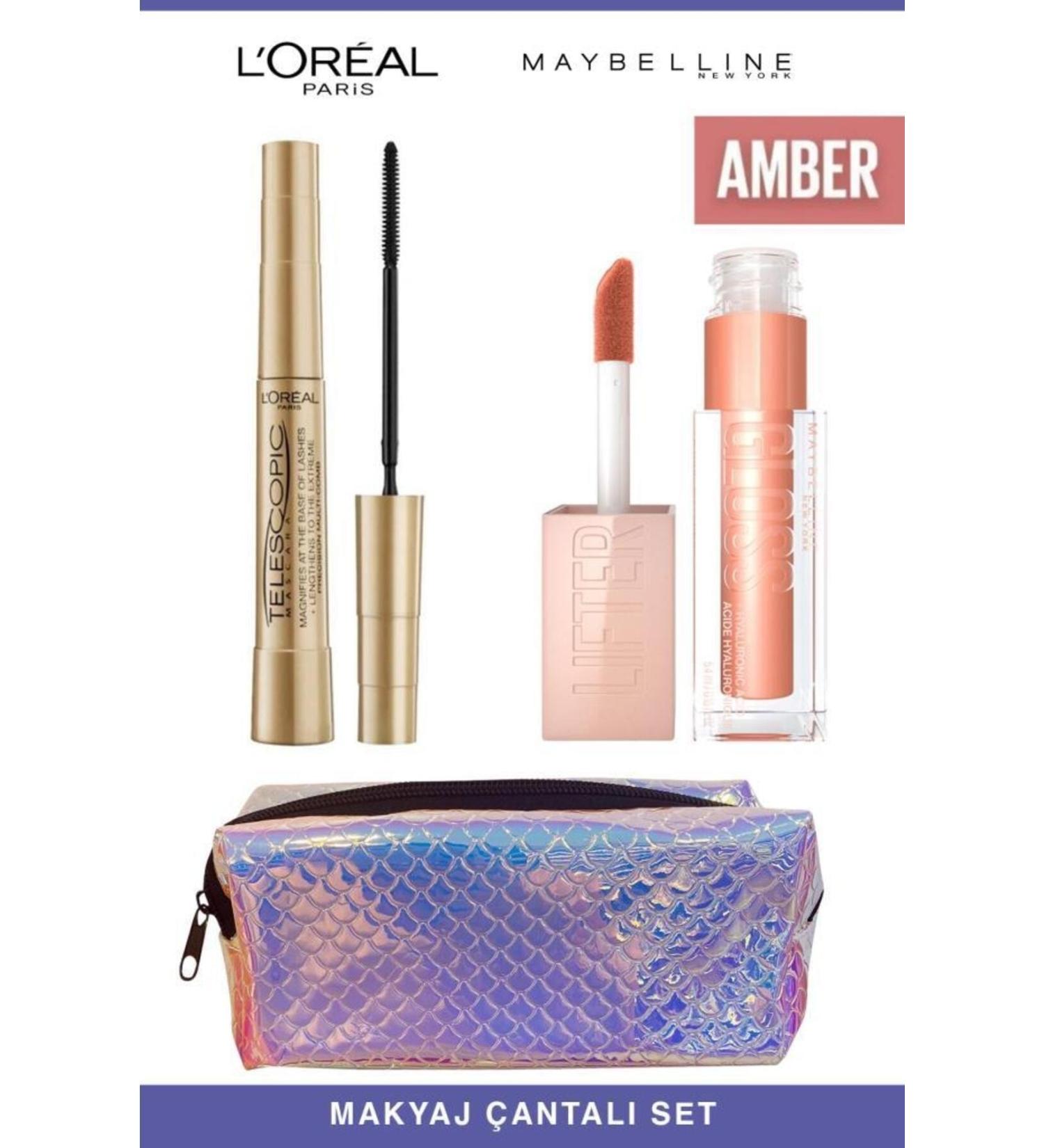 L'Oreal Paris Loreal Telescopic Instant Long Lashes-Maybelline Shiny and Full Lips 007 Amber Makeup Set - Buy Online on GoSupps.com
