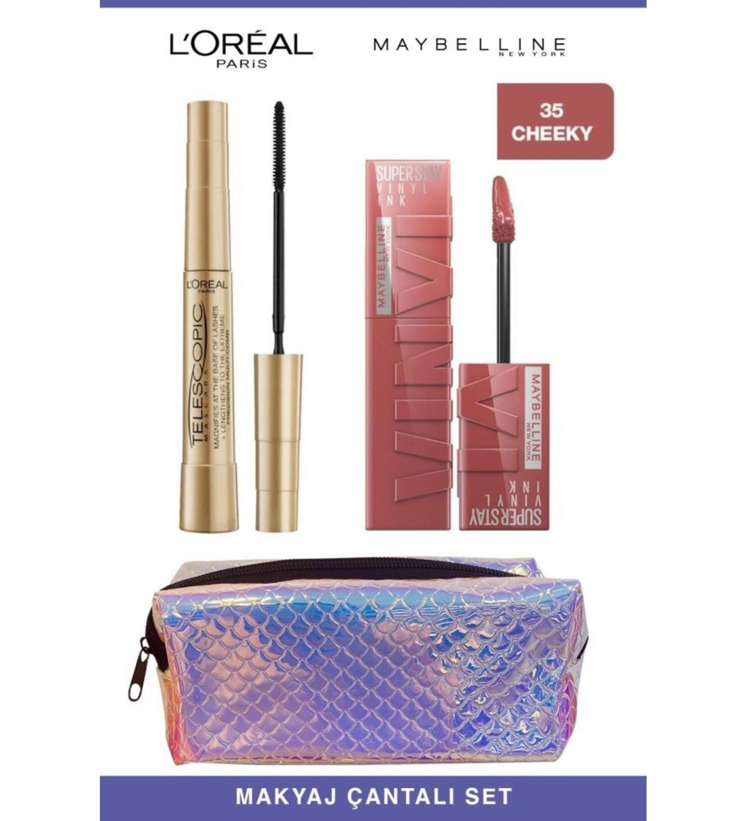 L'Oreal Paris Loreal Telescopic Instant Long Lashes-Maybelline Permanent and Full Lips 35 Cheeky Makeup Set - Buy Online on GoSupps.com
