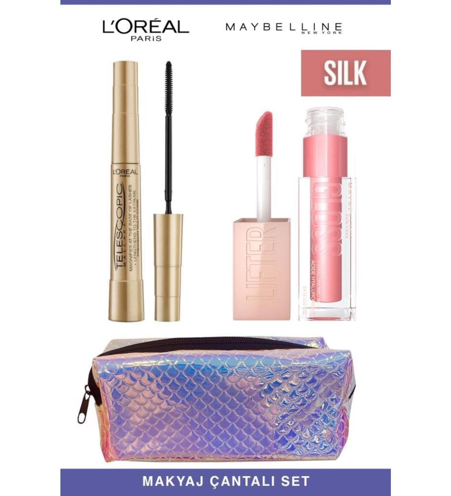 L'Oreal Paris Telescopic Instant Long Lashes Maybelline Shiny and Full Lips 004 Silk Makeup Set - Buy Online on GoSupps.com