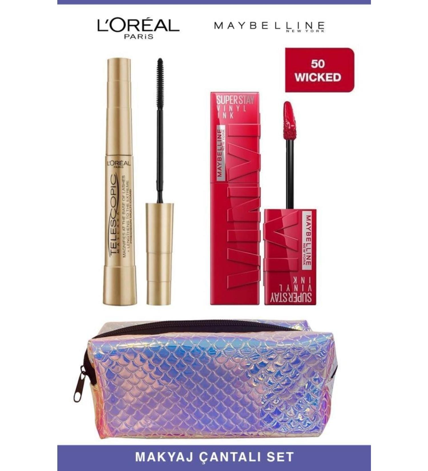 L'Oreal Paris Telescopic Instant Long Lashes-Maybelline Permanent and Full Lips 50 Wicked Makeup Set - Buy Online on GoSupps.com